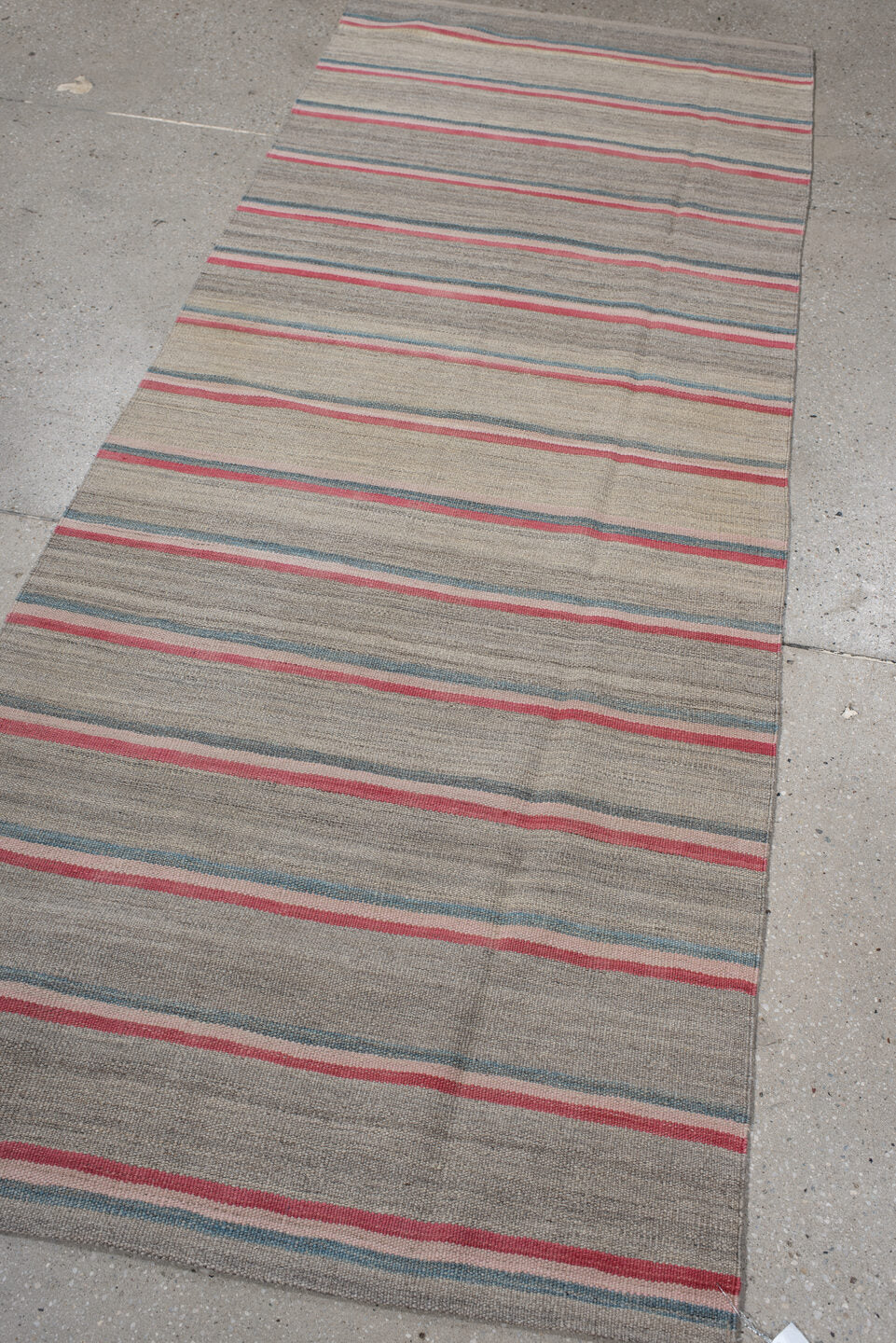2' x 7' one-of-a-kind handmade vintage Kilim runner rug. Color palette: taupe, rose, ivory, teal, gray, beige, pink, red