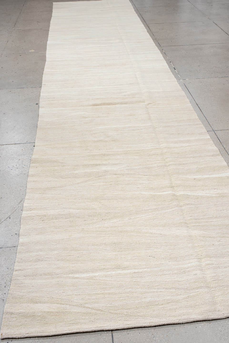 3' x 9' one-of-a-kind handmade vintage Kilim runner rug. Color palette: ivory, beige, cream, taupe, gray