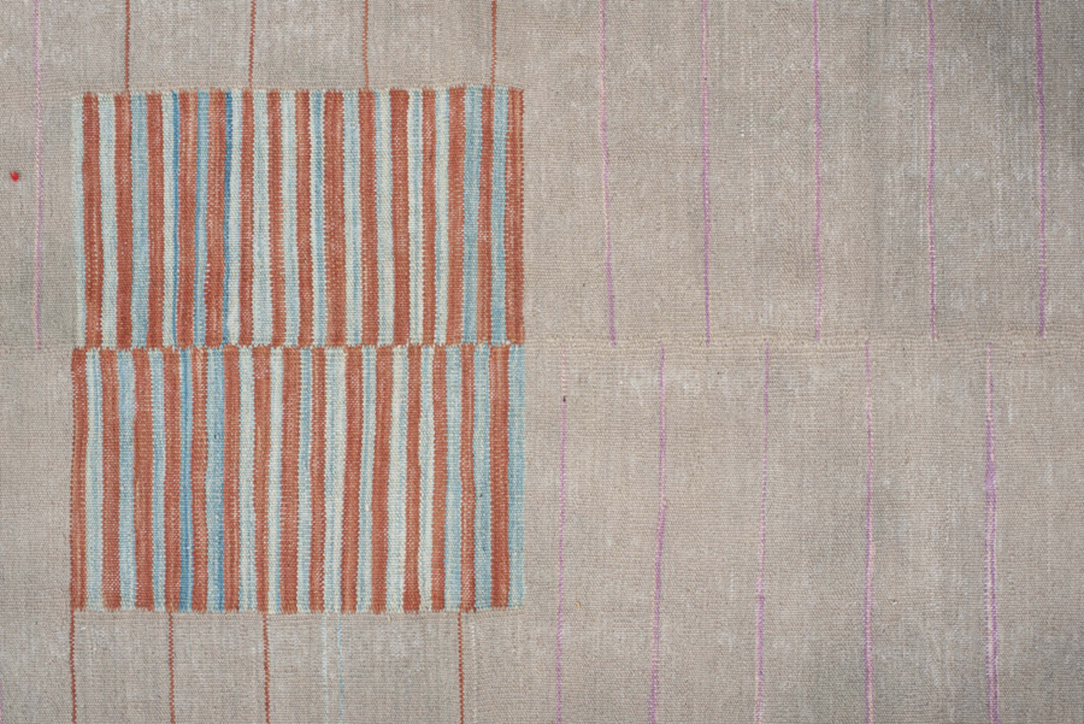 2' x 8' one-of-a-kind handmade vintage Kilim runner rug. Color palette: gray, light gray, off-white, pink, brown, orange