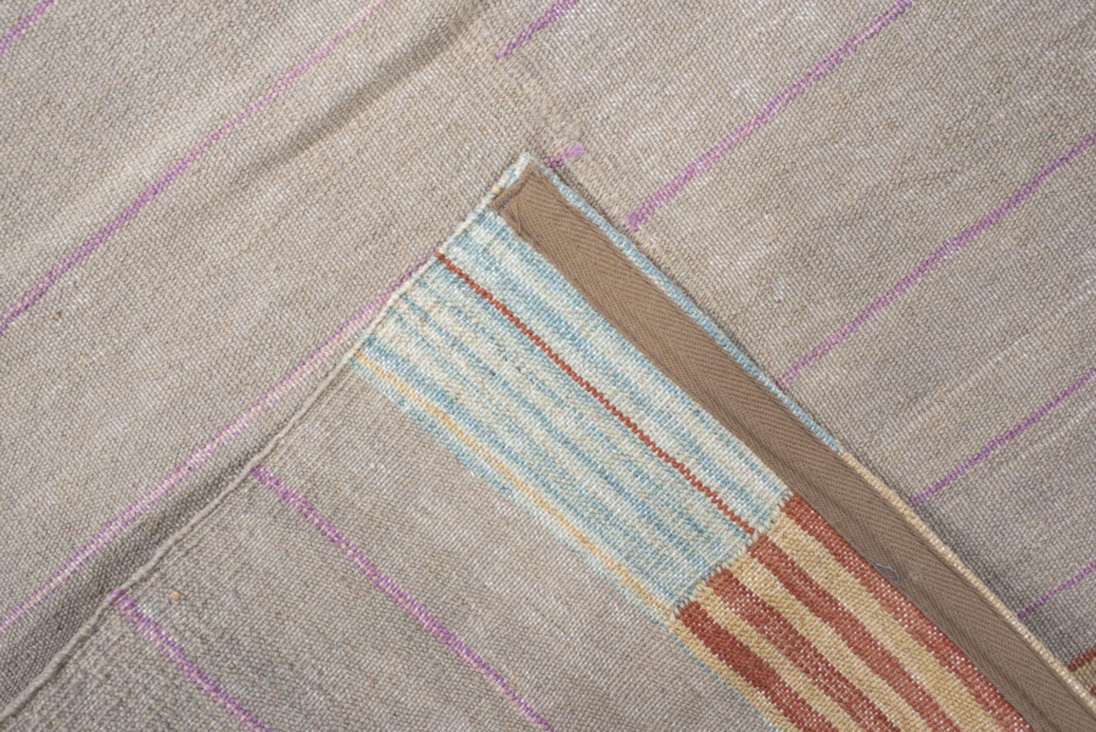 2' x 8' one-of-a-kind handmade vintage Kilim runner rug. Color palette: taupe, ivory, coral, pale_blue, lavender, beige