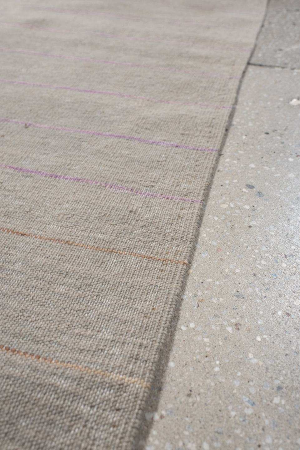 2' x 8' one-of-a-kind handmade vintage Kilim runner rug. Color palette: gray, light gray, off-white, pink, brown, orange