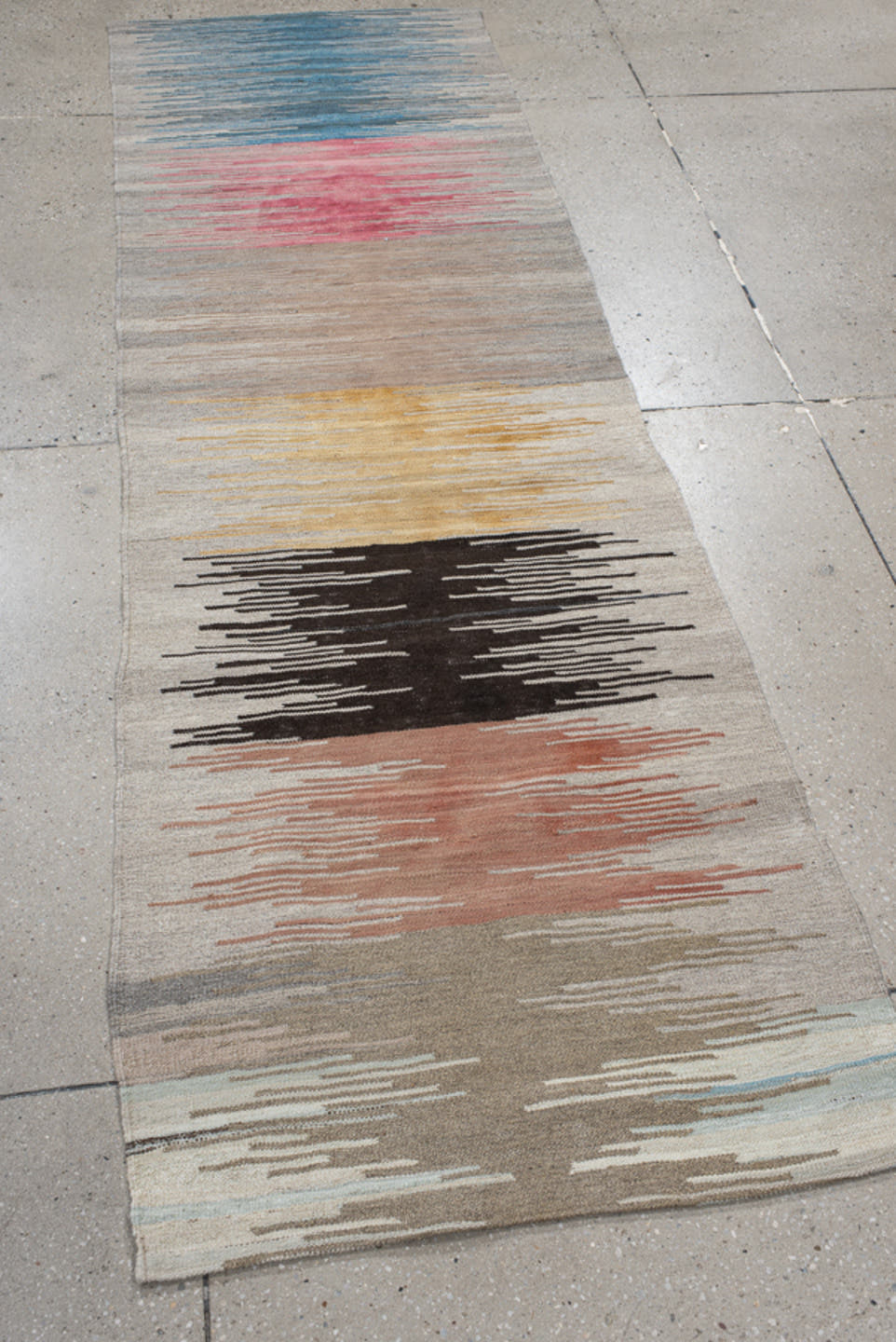 2' x 11' one-of-a-kind handmade vintage Kilim runner rug. Color palette: ivory, taupe, sky_blue, rose, black, gold, peach