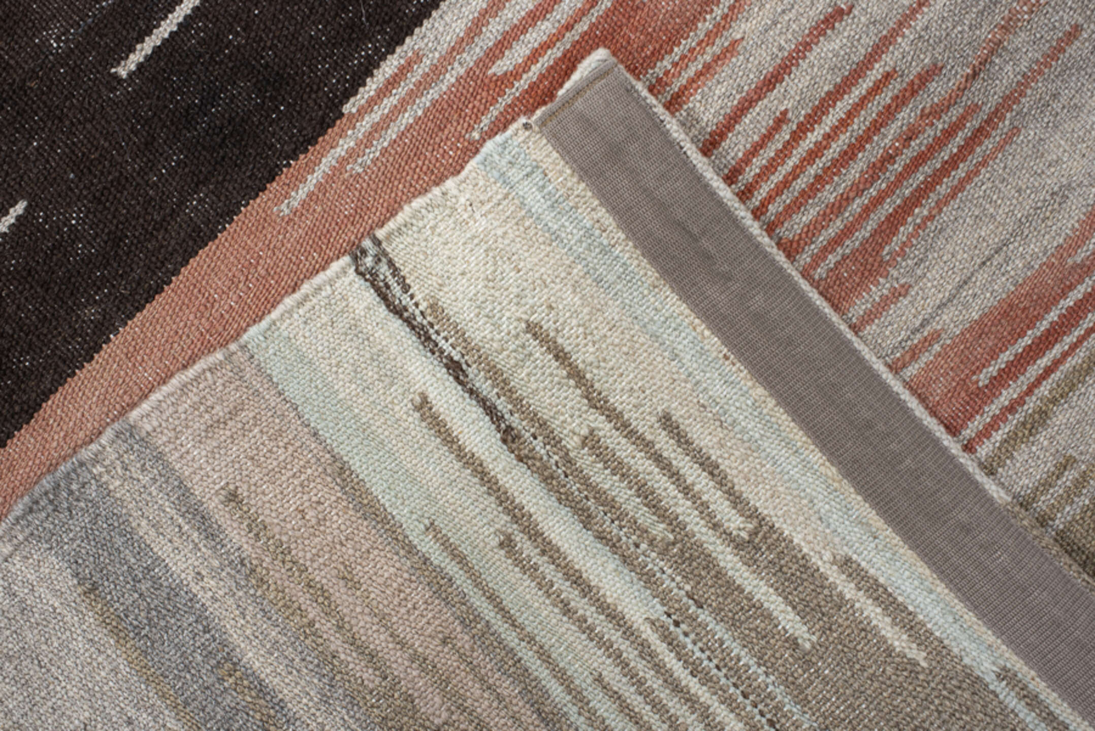 2' x 11' one-of-a-kind handmade vintage Kilim runner rug. Color palette: ivory, taupe, sky_blue, rose, black, gold, peach
