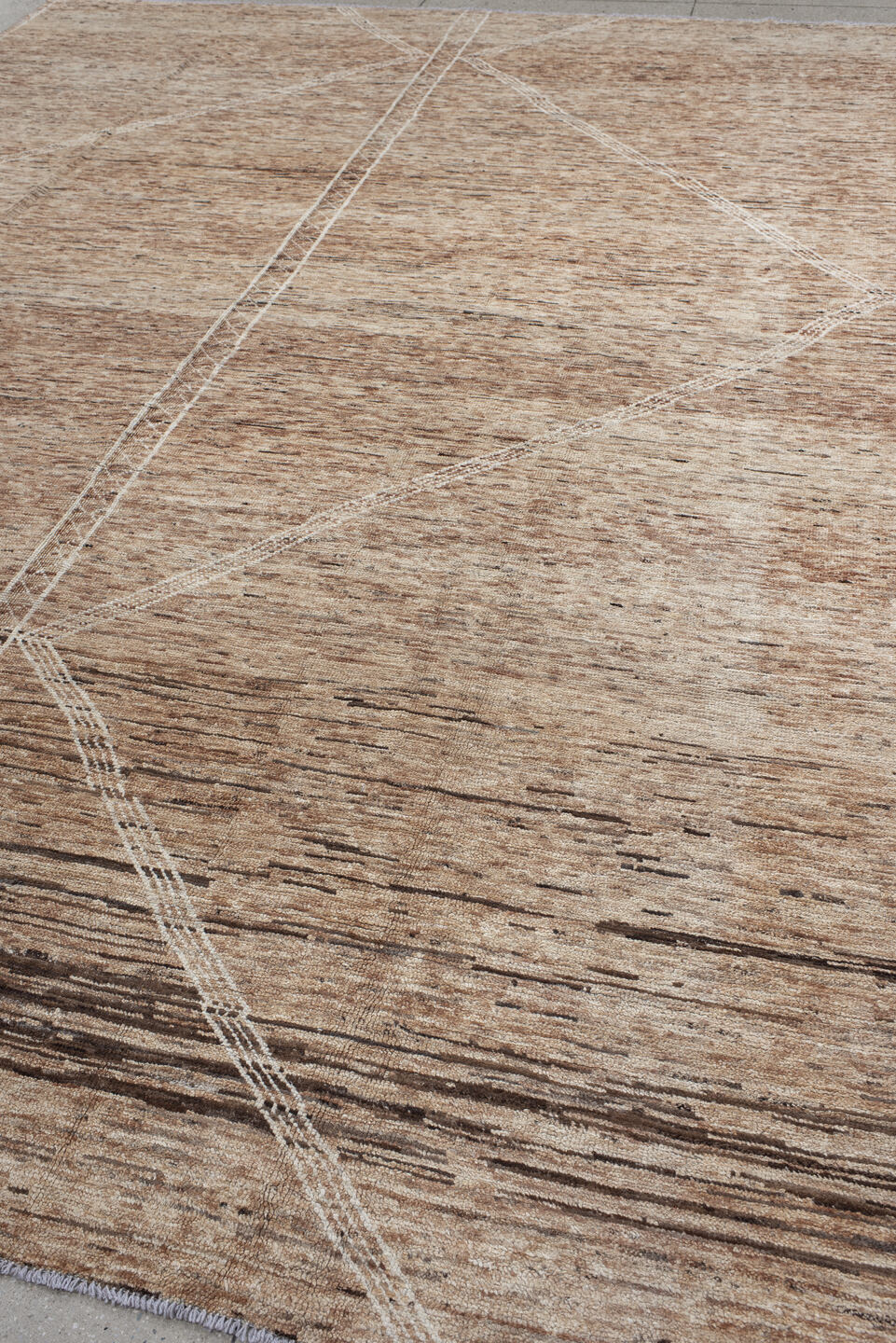 10' x 13' one-of-a-kind handmade vintage Tulu large size rug. Color palette: camel, ivory, taupe, brown, charcoal, beige