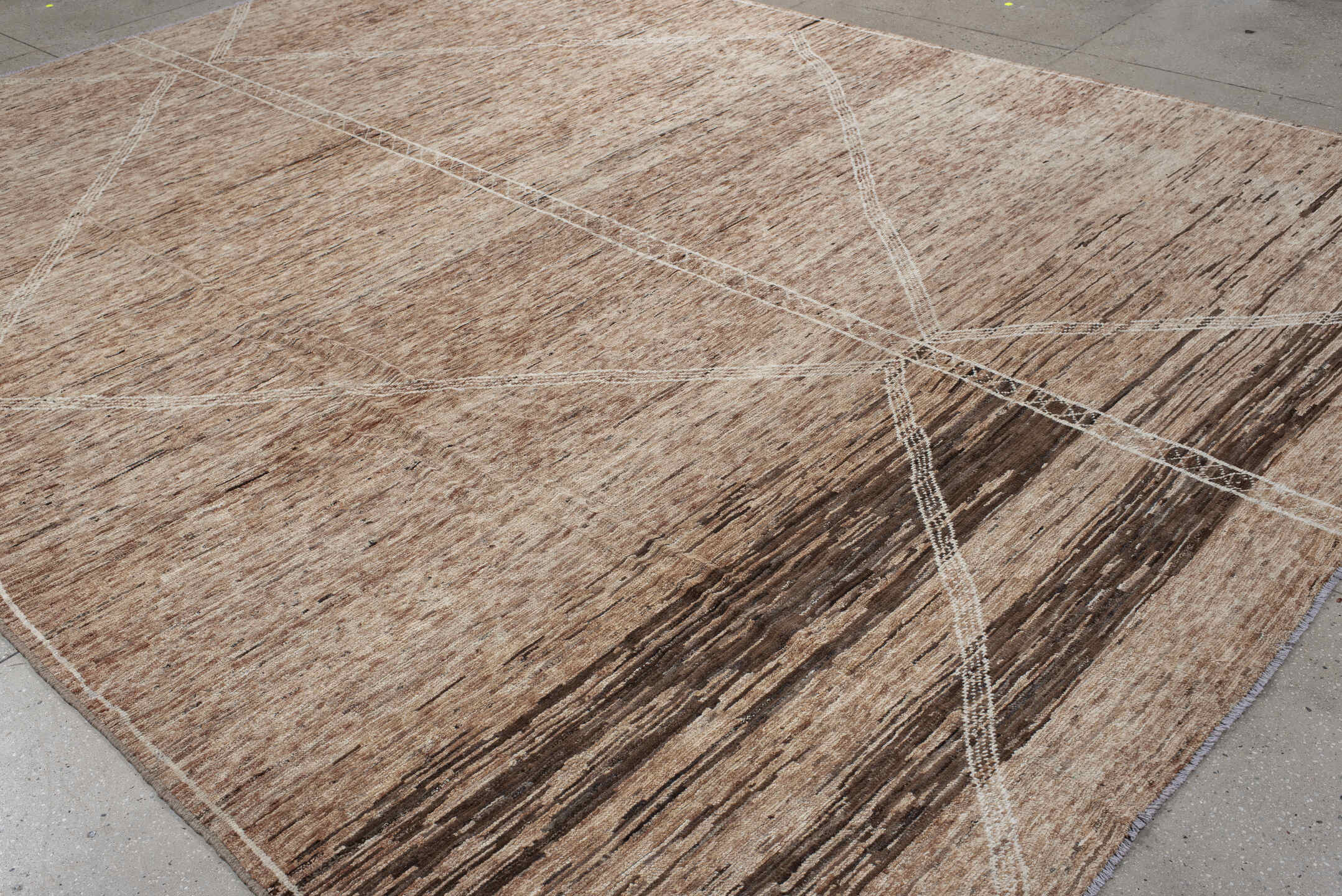 10' x 13' one-of-a-kind handmade vintage Tulu large size rug. Color palette: camel, ivory, taupe, brown, charcoal, beige