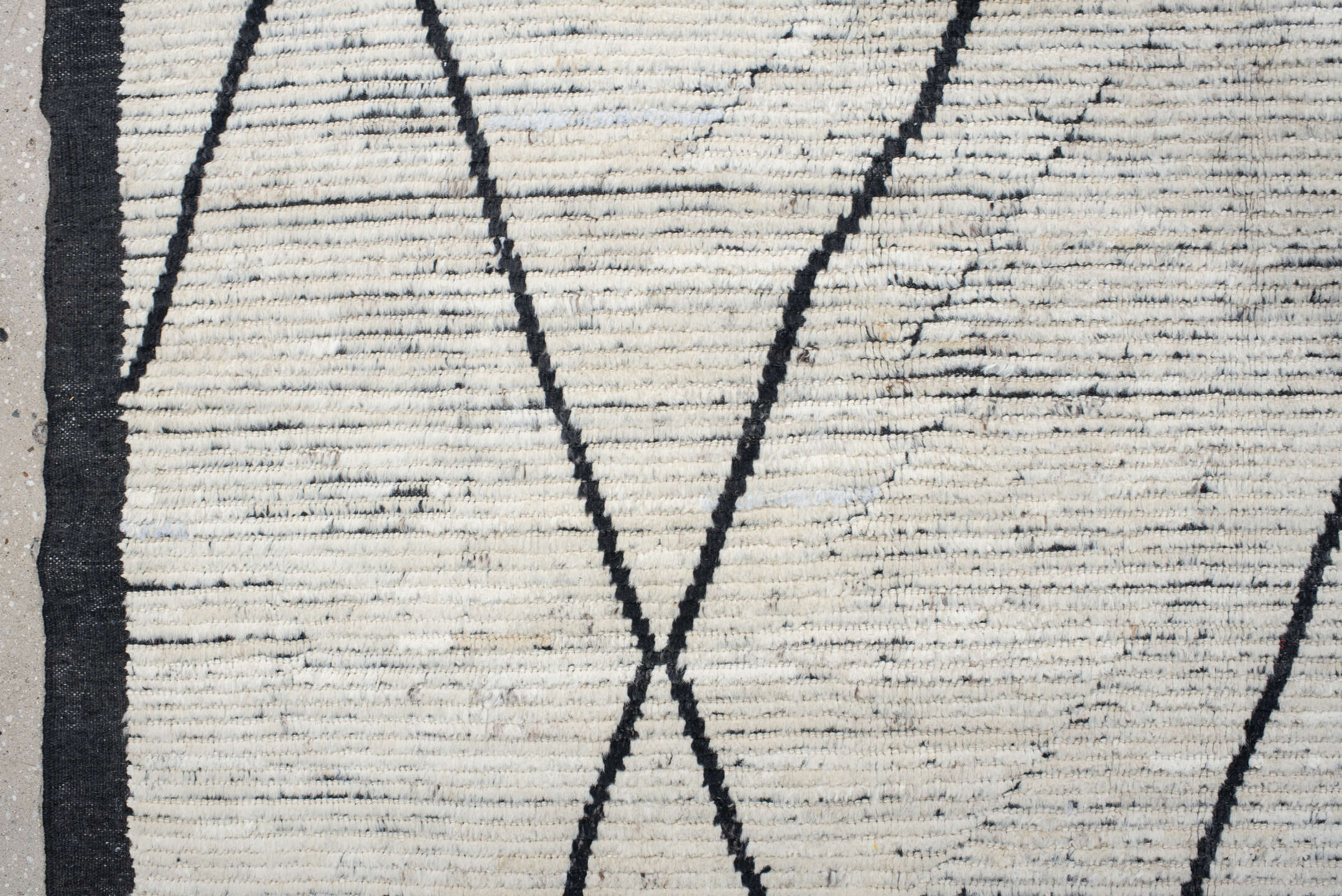 9' x 12' one-of-a-kind handmade vintage Tulu large size rug. Color palette: ivory, charcoal, black, cream, gray