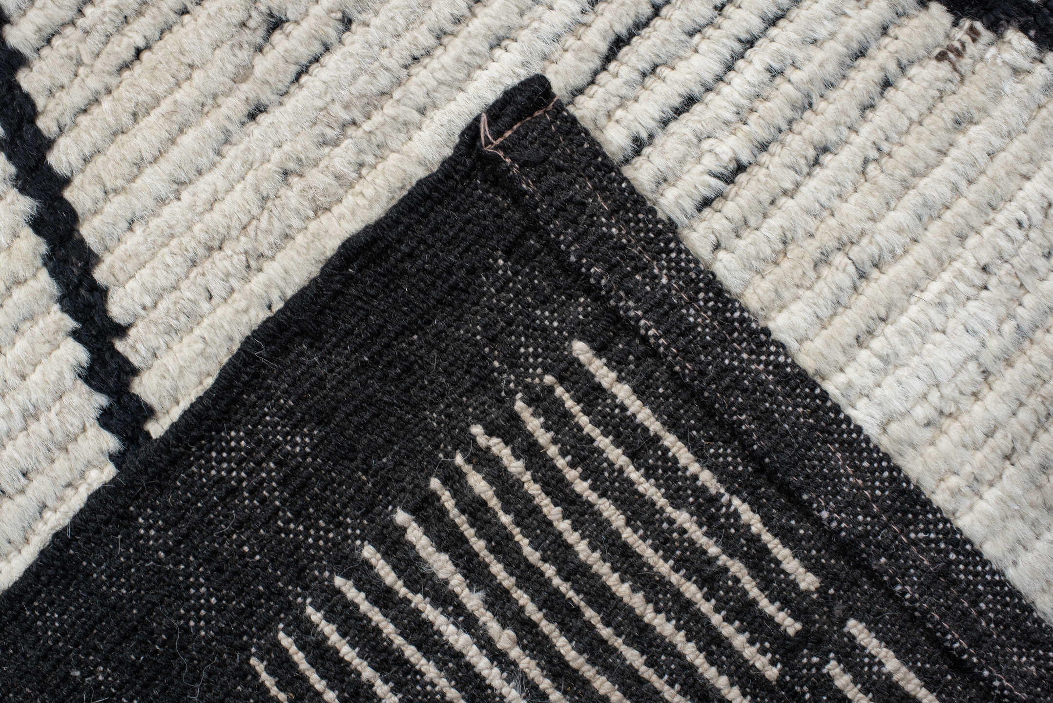 9' x 12' one-of-a-kind handmade vintage Tulu large size rug. Color palette: ivory, charcoal, black, cream, gray