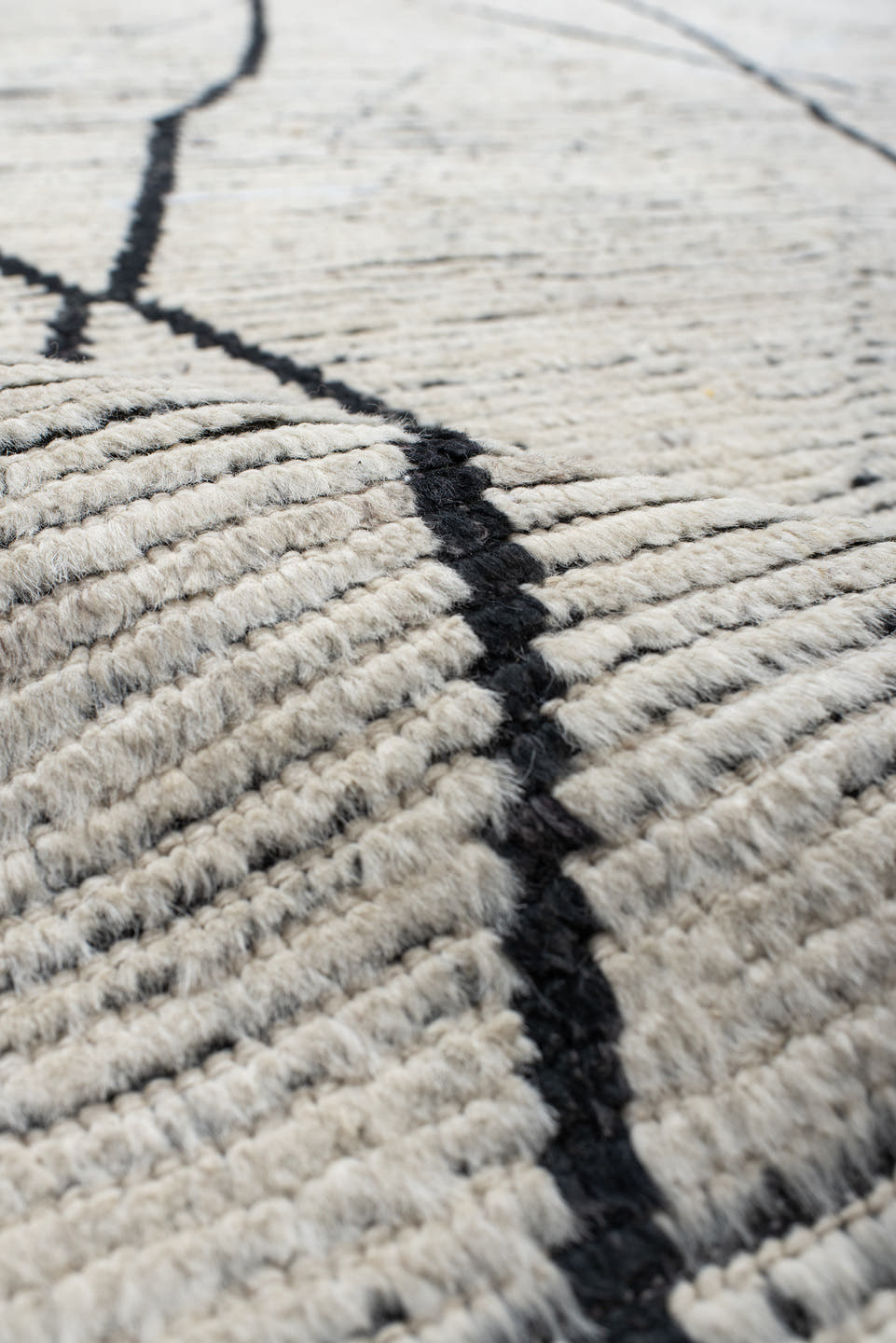 9' x 12' one-of-a-kind handmade vintage Tulu large size rug. Color palette: ivory, charcoal, black, cream, gray