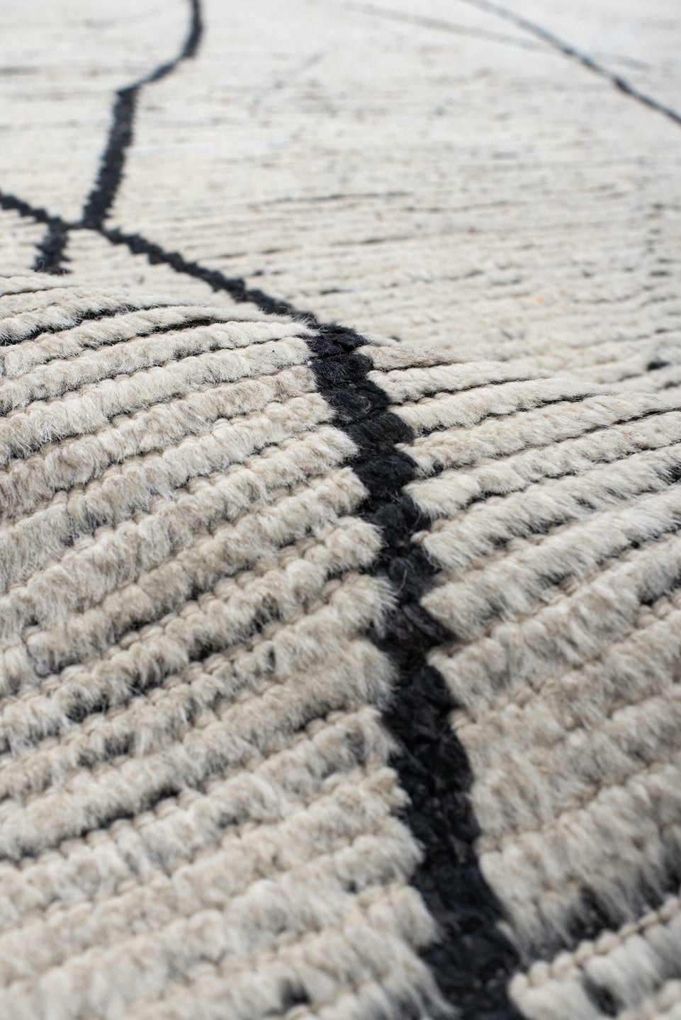 9' x 12' one-of-a-kind handmade vintage Tulu large size rug. Color palette: ivory, charcoal, black, cream, gray