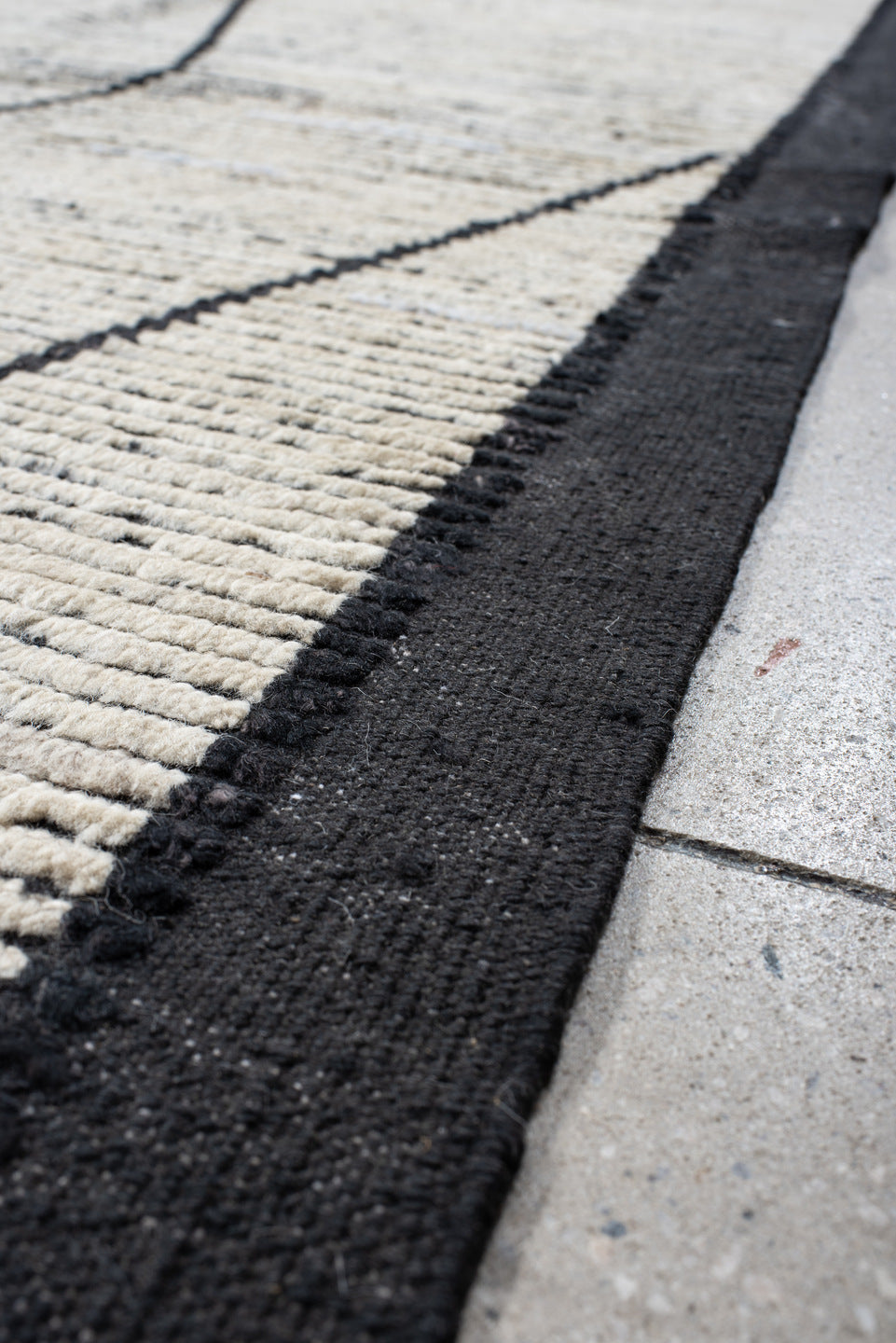 9' x 12' one-of-a-kind handmade vintage Tulu large size rug. Color palette: ivory, charcoal, black, cream, gray