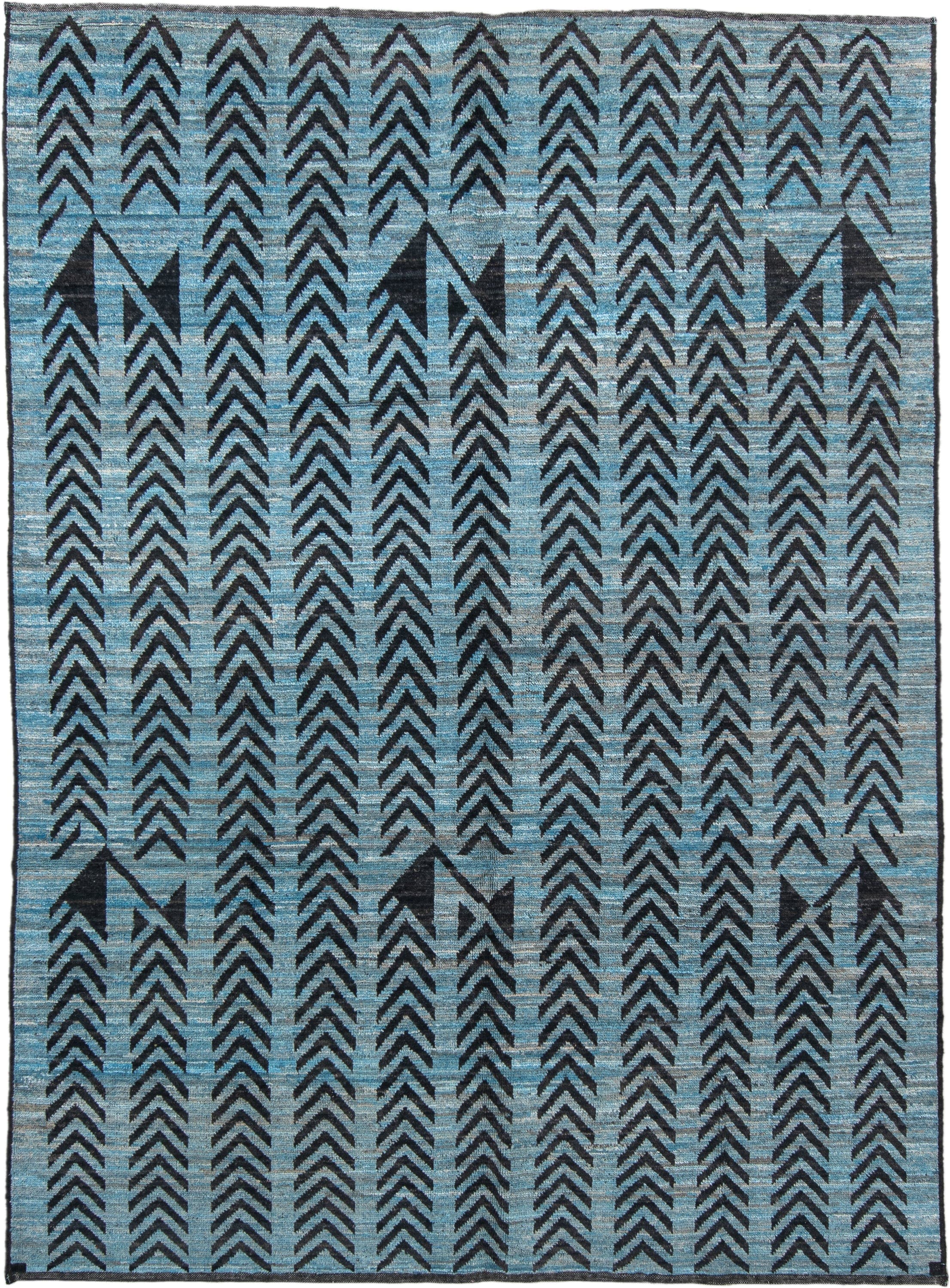 6' x 9' one-of-a-kind handmade vintage Tulu medium size rug. Color palette: sky blue, charcoal, slate, black, light blue