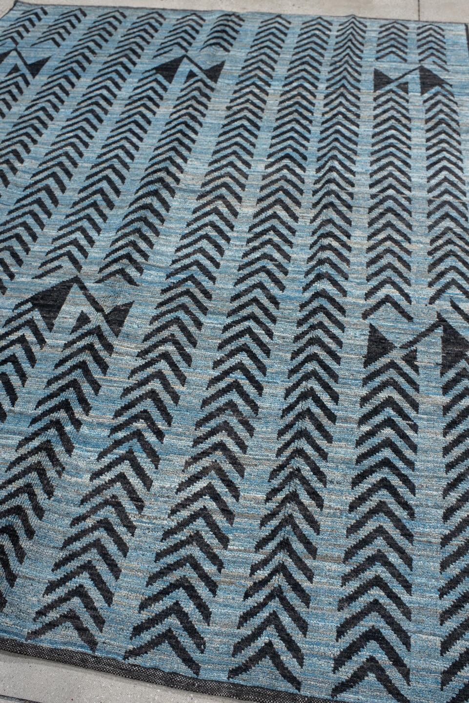 6' x 9' one-of-a-kind handmade vintage Tulu medium size rug. Color palette: arapawa, black, blue, charcoal, dim gray, gray