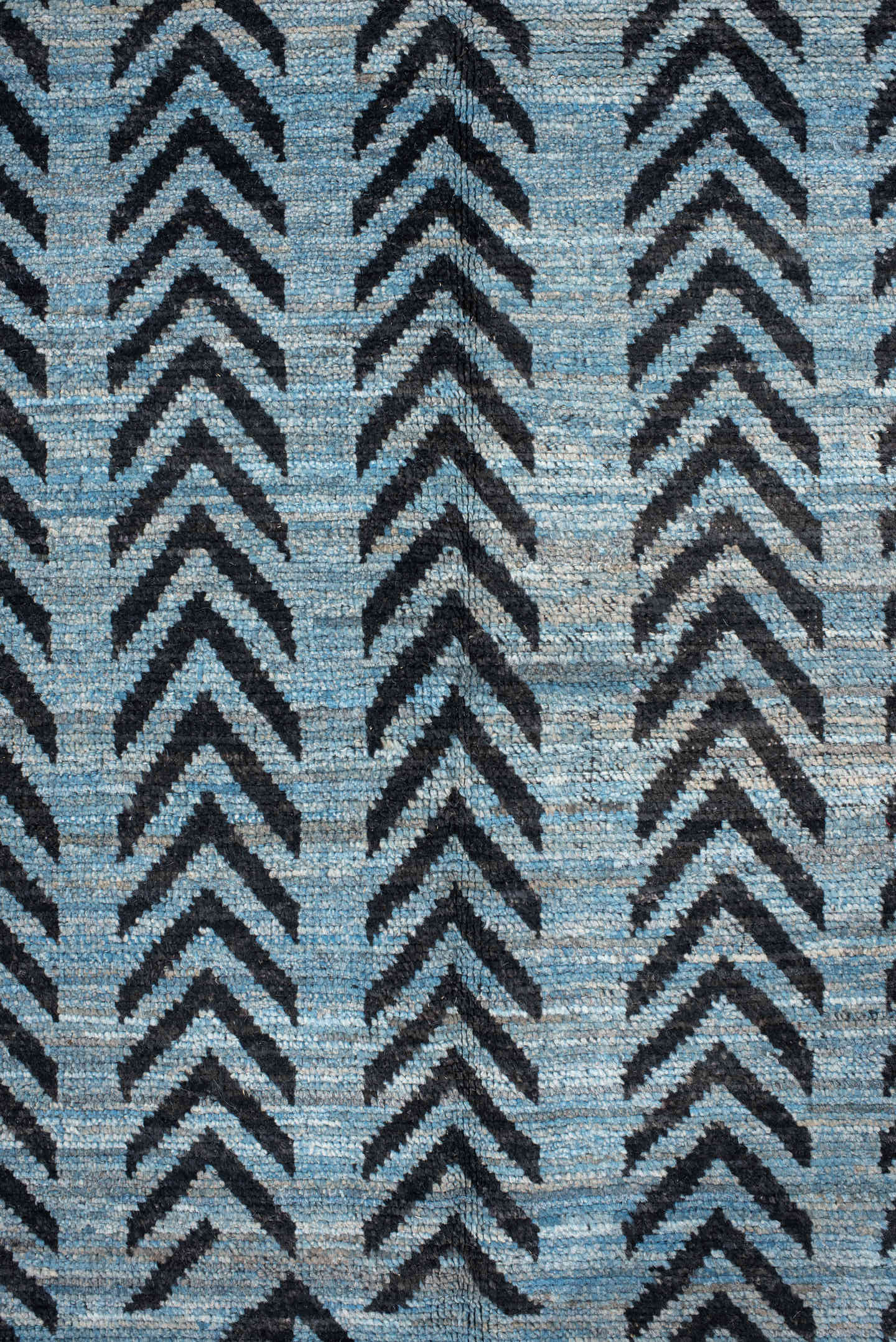 6' x 9' one-of-a-kind handmade vintage Tulu medium size rug. Color palette: sky blue, charcoal, slate, black, light blue