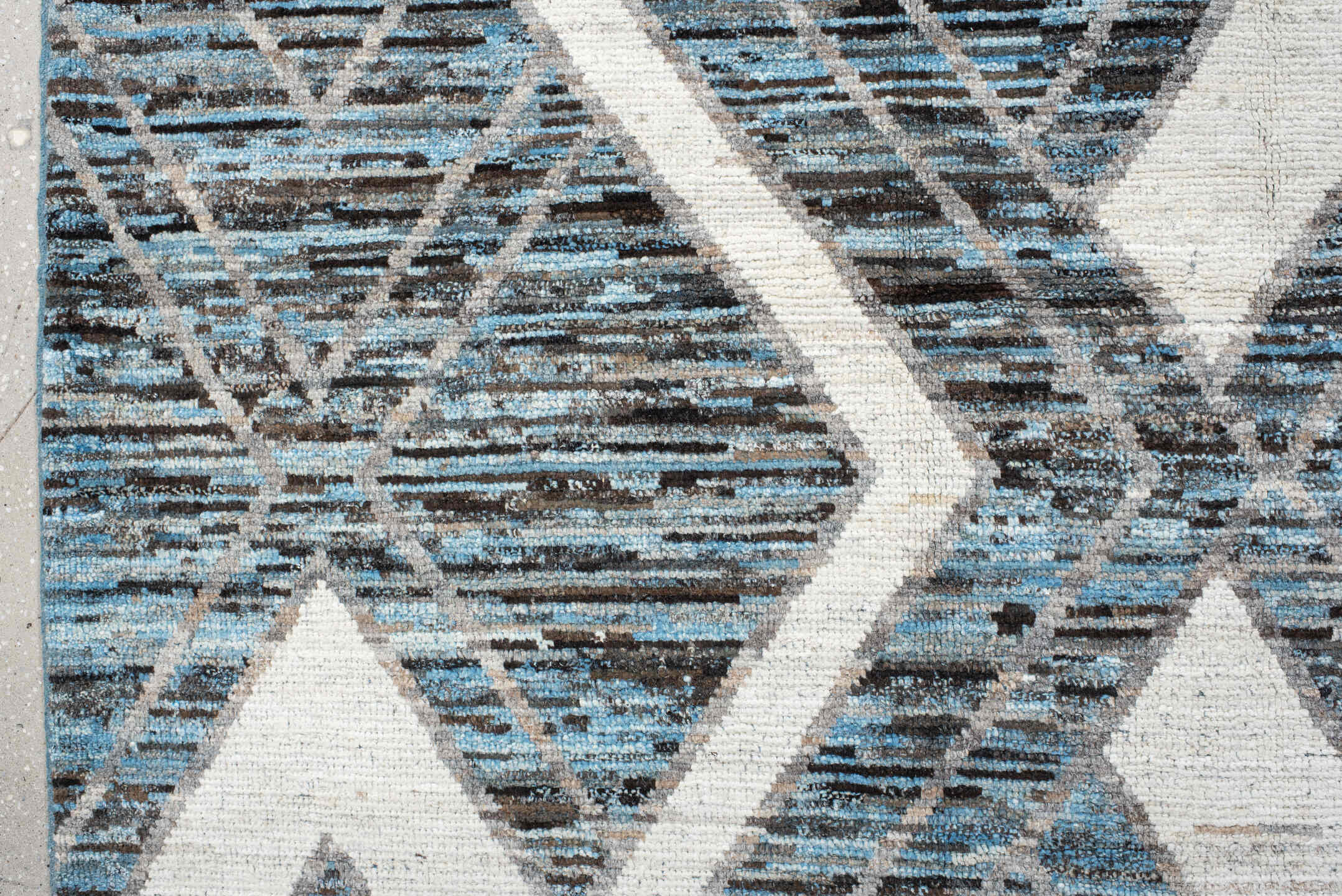 9' x 11' one-of-a-kind handmade vintage Tulu large size rug. Color palette: charcoal, ivory, turquoise, slate, sky_blue