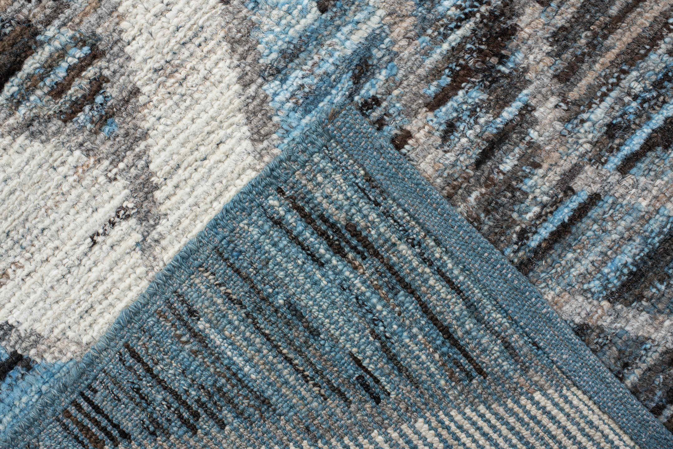 9' x 11' one-of-a-kind handmade vintage Tulu large size rug. Color palette: charcoal, ivory, turquoise, slate, sky_blue