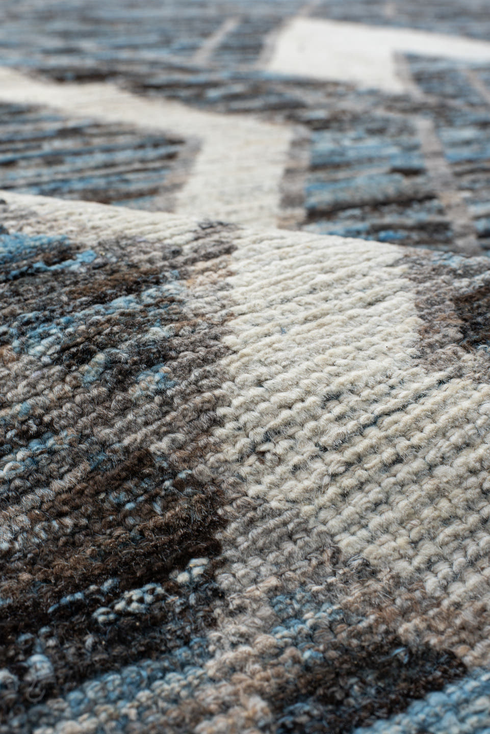 9' x 11' one-of-a-kind handmade vintage Tulu large size rug. Color palette: charcoal, ivory, turquoise, slate, sky_blue