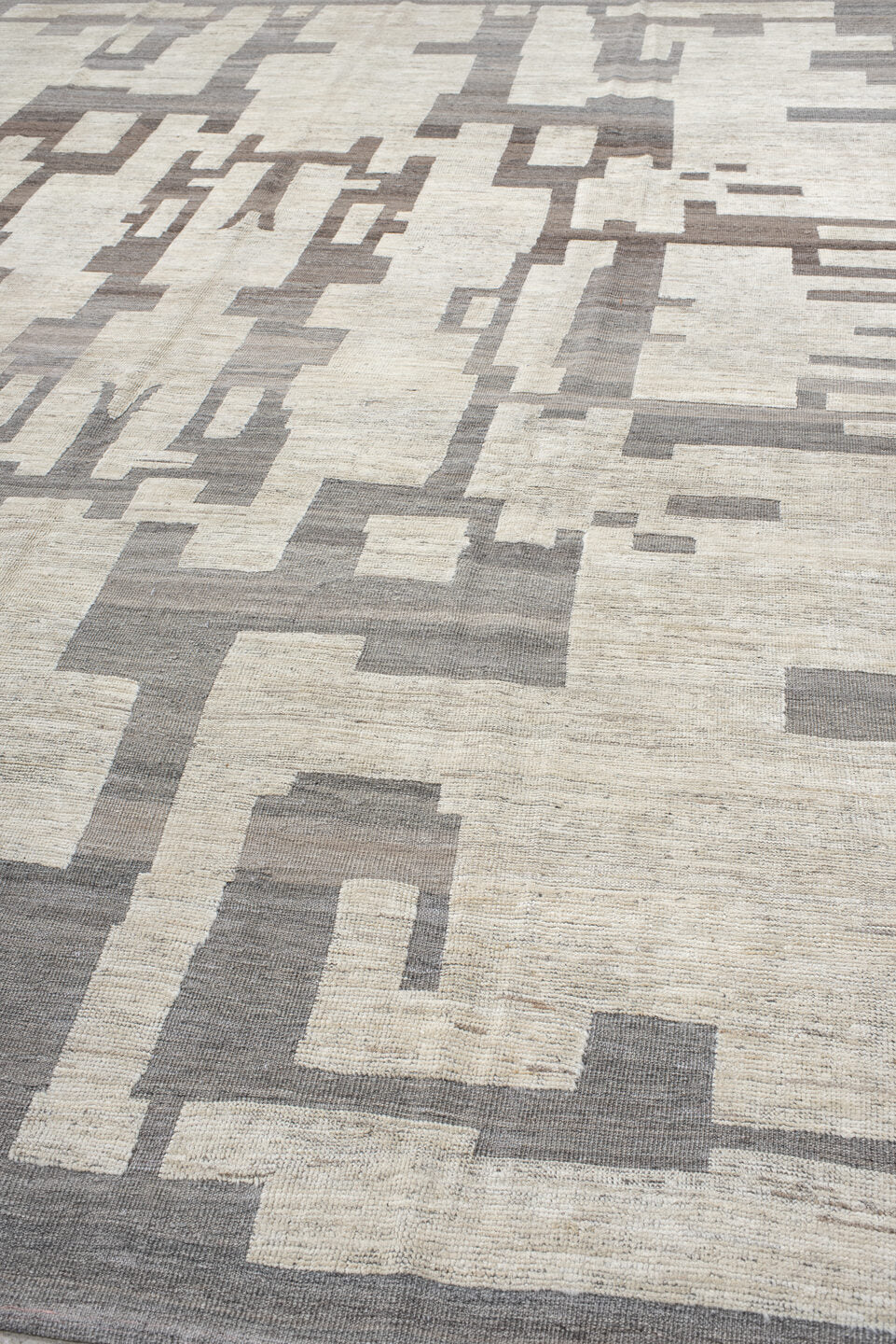 10' x 13' one-of-a-kind handmade vintage Tulu large size rug. Color palette: ivory, gray, taupe, beige