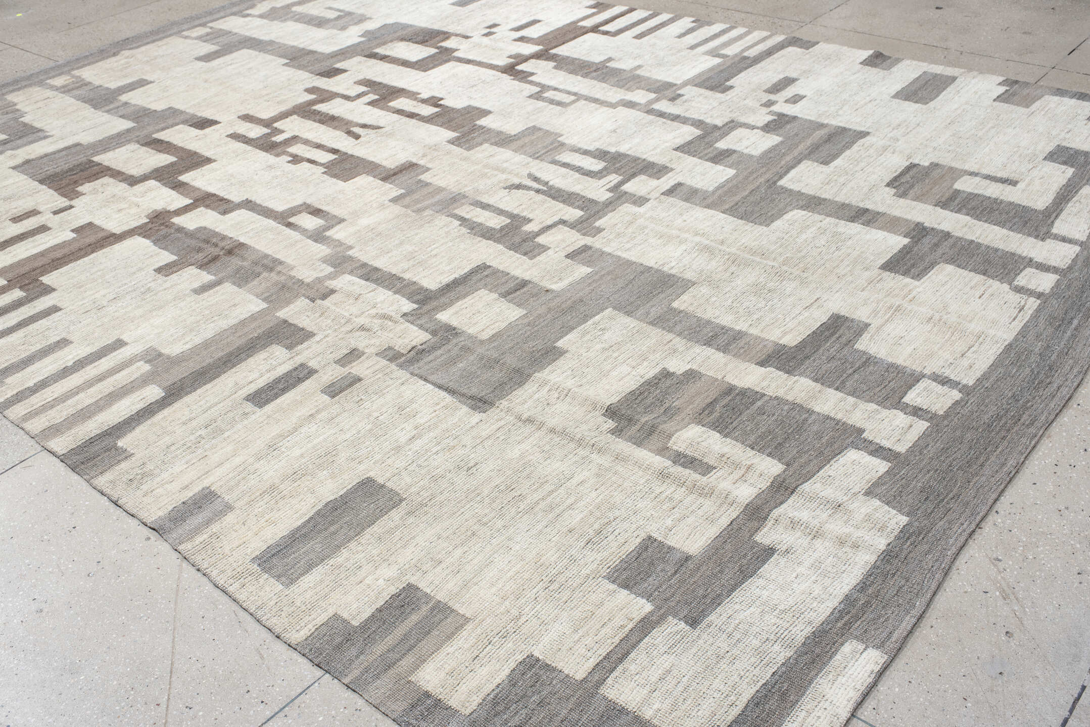 10' x 13' one-of-a-kind handmade vintage Tulu large size rug. Color palette: ivory, gray, taupe, beige