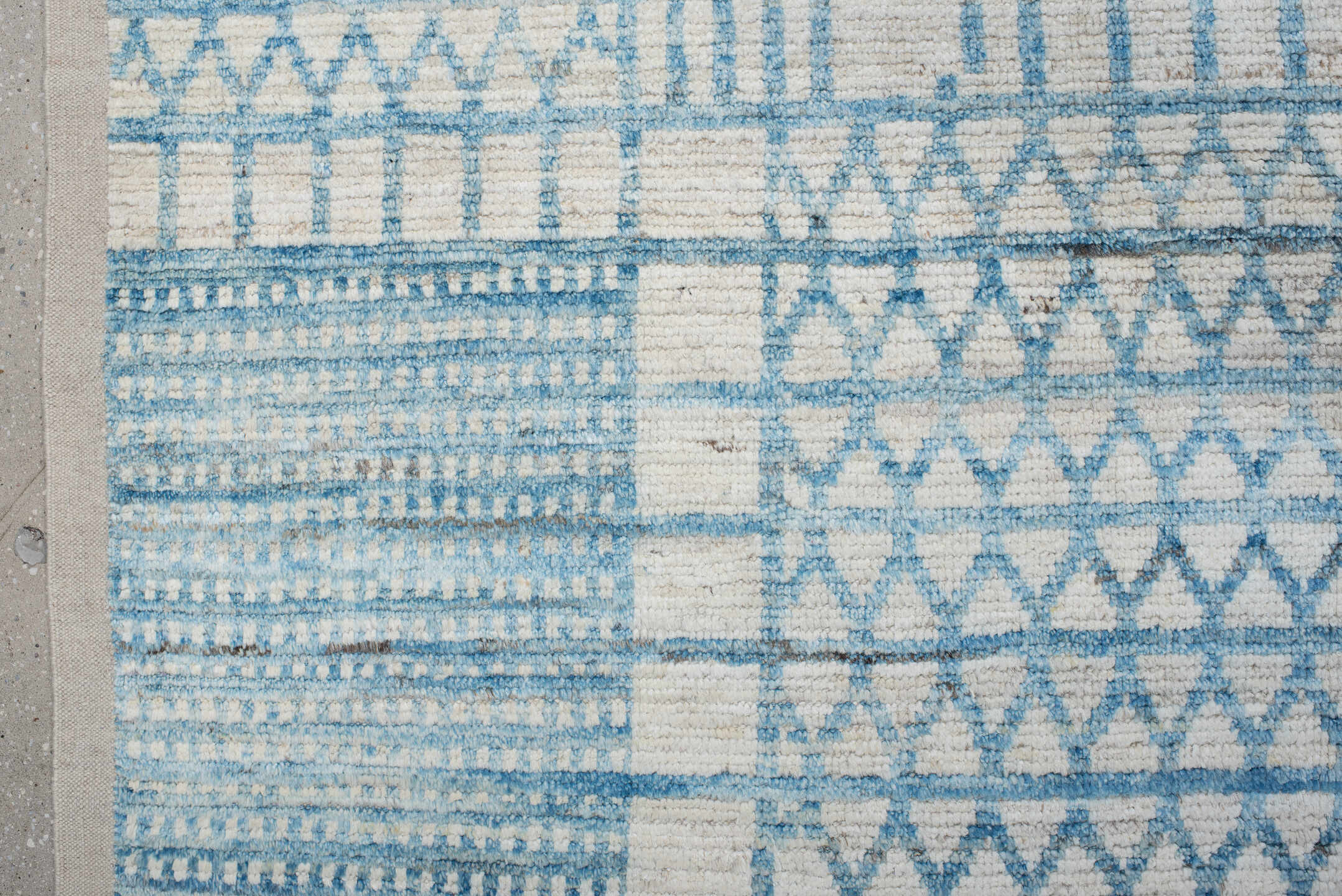 9' x 11' one-of-a-kind handmade vintage Tulu large size rug. Color palette: ivory, sky blue, pale blue, light gray