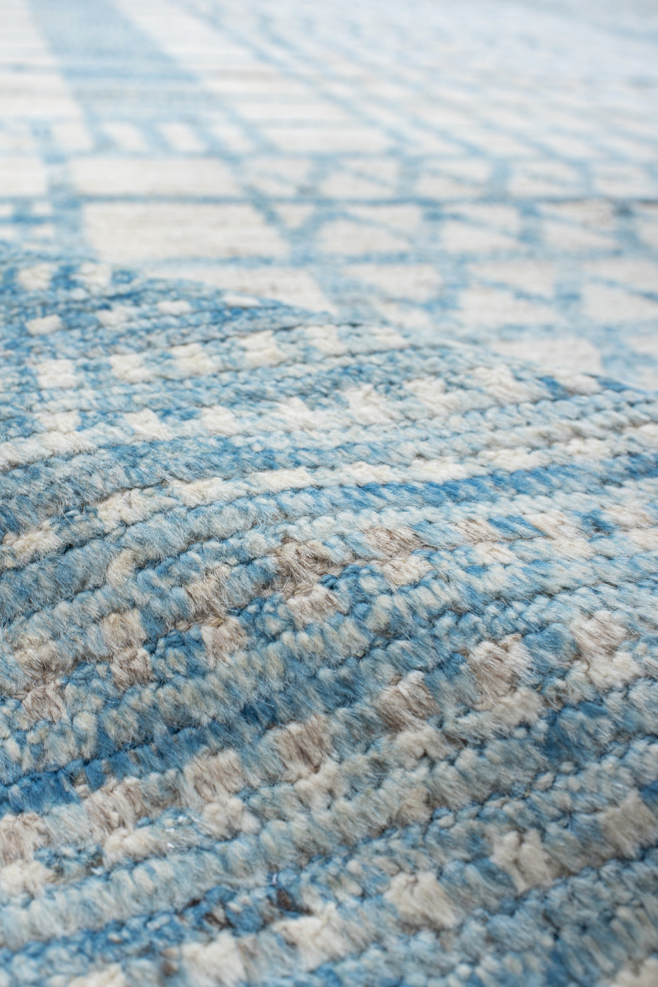 9' x 11' one-of-a-kind handmade vintage Tulu large size rug. Color palette: ivory, sky blue, pale blue, light gray