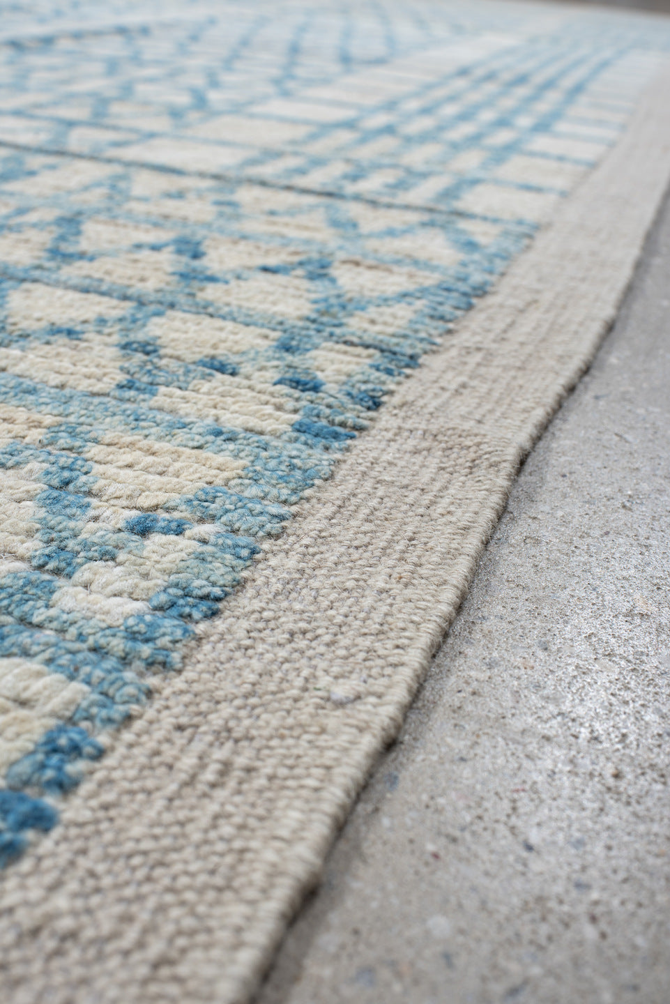 9' x 11' one-of-a-kind handmade vintage Tulu large size rug. Color palette: ivory, sky blue, pale blue, light gray