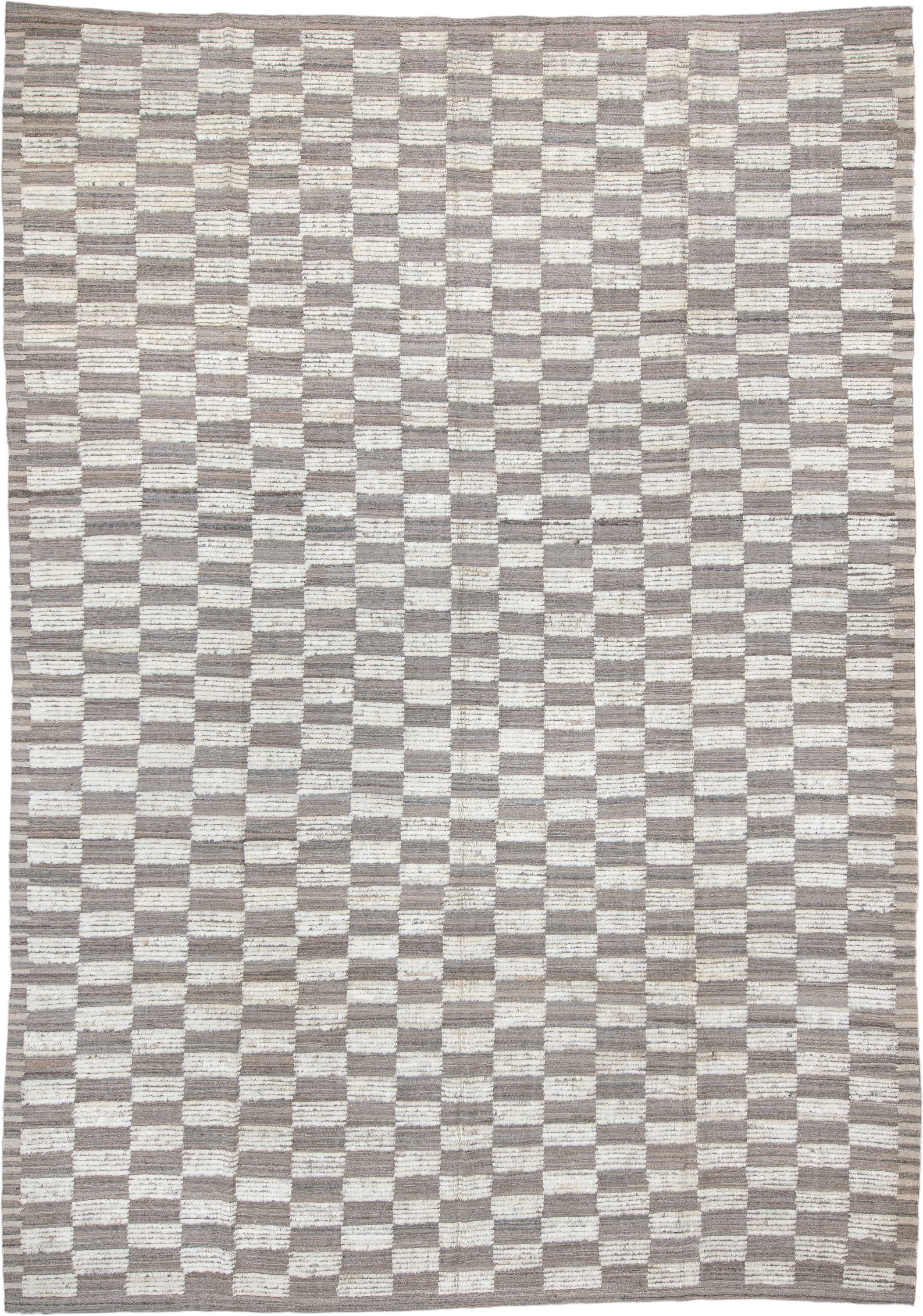10' x 14' one-of-a-kind handmade vintage Tulu large size rug. Color palette: taupe, ivory, gray, cream, beige