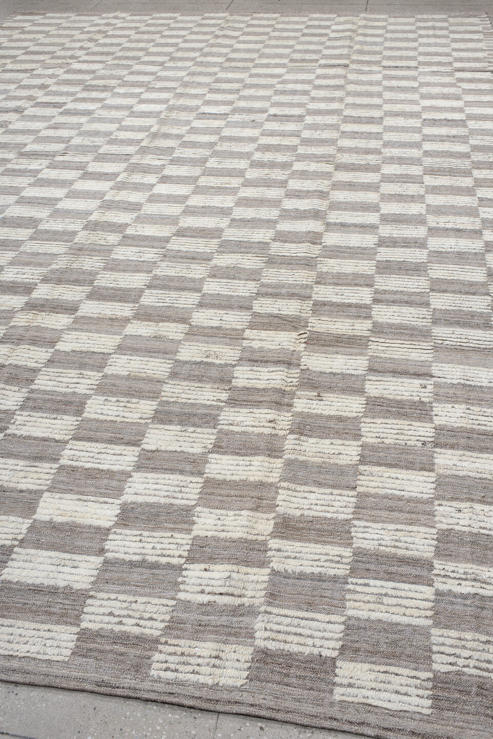 10' x 14' one-of-a-kind handmade vintage Tulu large size rug. Color palette: taupe, ivory, gray, cream, beige