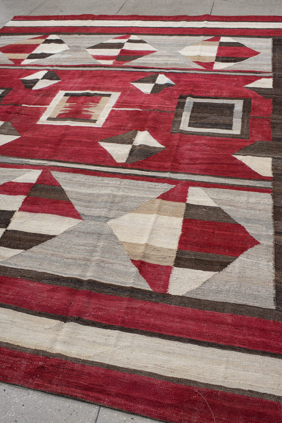8' x 11' one-of-a-kind handmade vintage Kilim large size rug. Color palette: red, ivory, charcoal, taupe, cream, gray, black