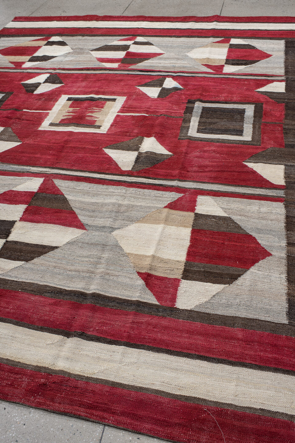 8' x 11' one-of-a-kind handmade vintage Kilim large size rug. Color palette: red, ivory, charcoal, taupe, cream, gray, black