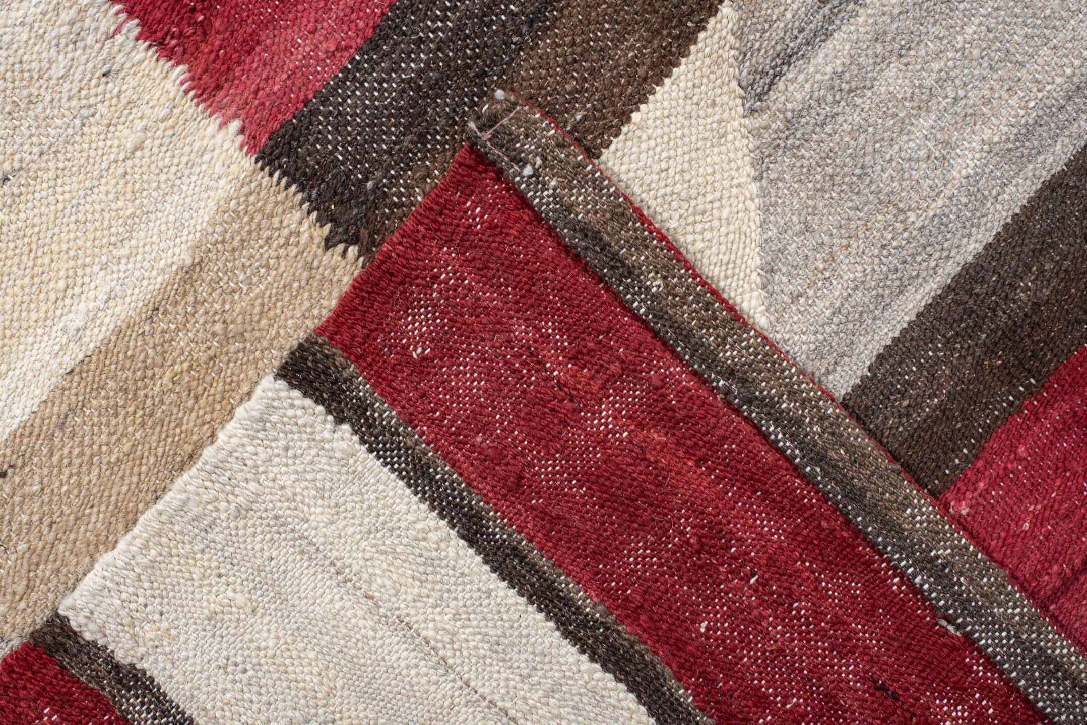 8' x 11' one-of-a-kind handmade vintage Kilim large size rug. Color palette: red, ivory, charcoal, taupe, cream, gray, black