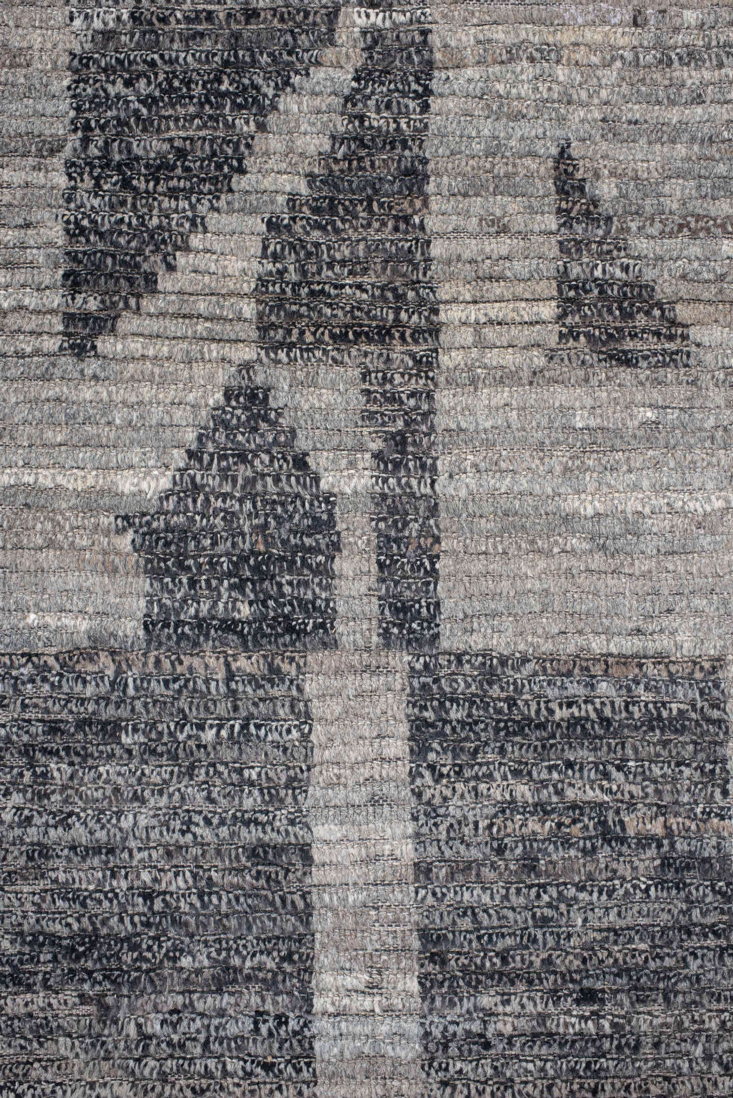 9' x 14' one-of-a-kind handmade vintage Tulu large size rug. Color palette: gray, charcoal, slate, ivory, taupe, black