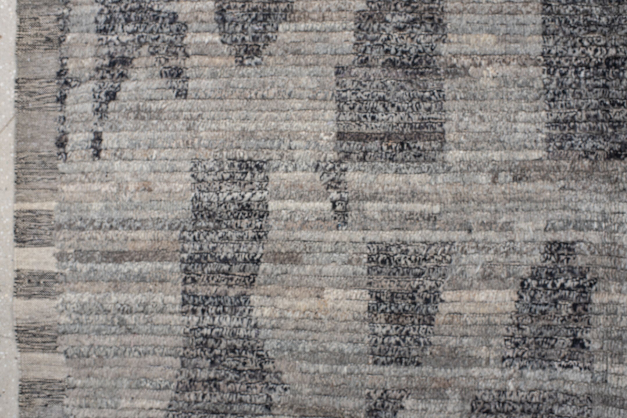 9' x 14' one-of-a-kind handmade vintage Tulu large size rug. Color palette: gray, charcoal, slate, ivory, taupe, black