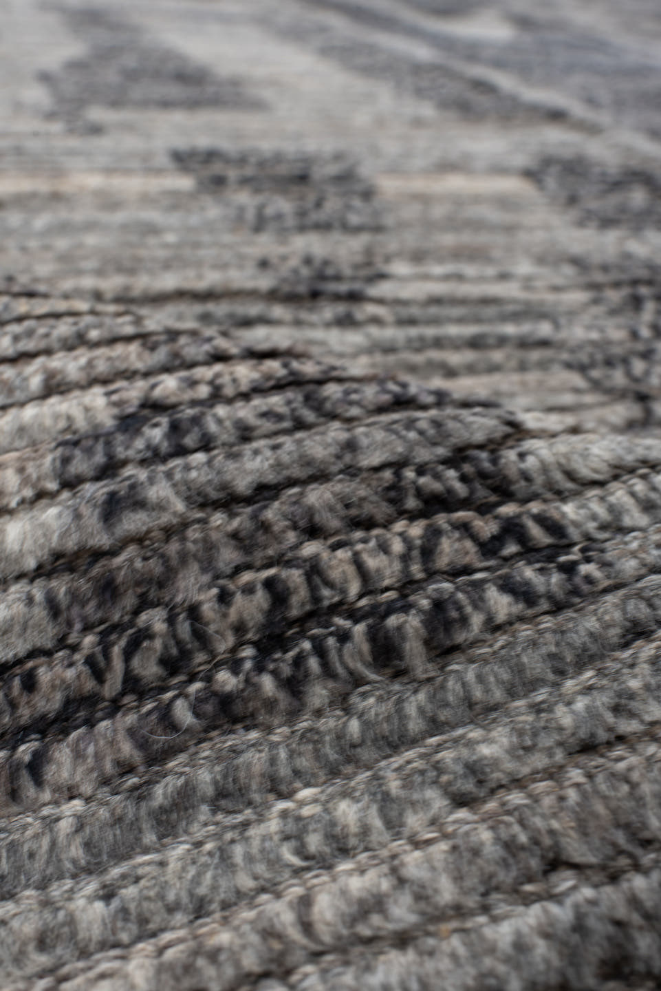 9' x 14' one-of-a-kind handmade vintage Tulu large size rug. Color palette: gray, charcoal, slate, ivory, taupe, black