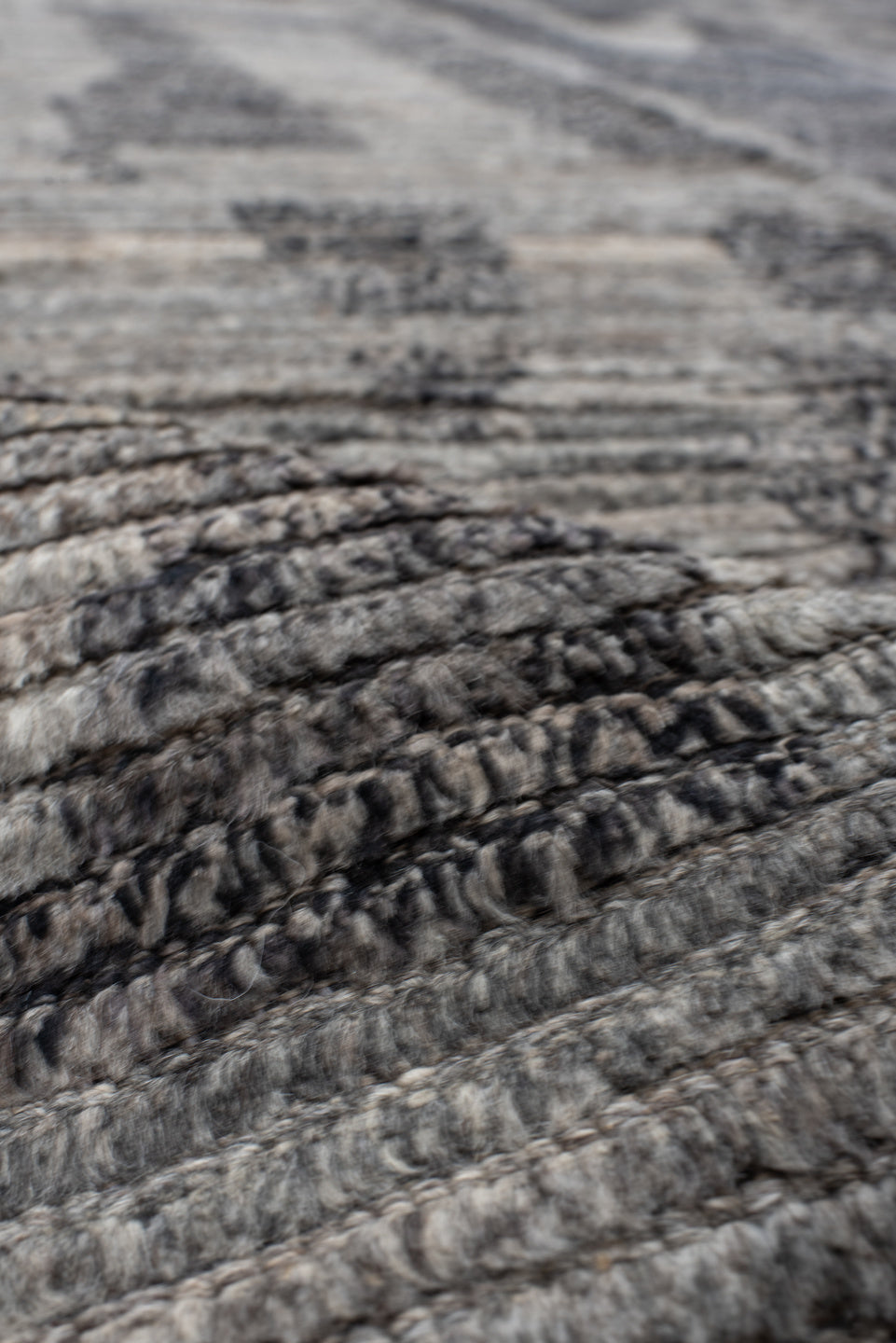 9' x 14' one-of-a-kind handmade vintage Tulu large size rug. Color palette: gray, charcoal, slate, ivory, taupe, black