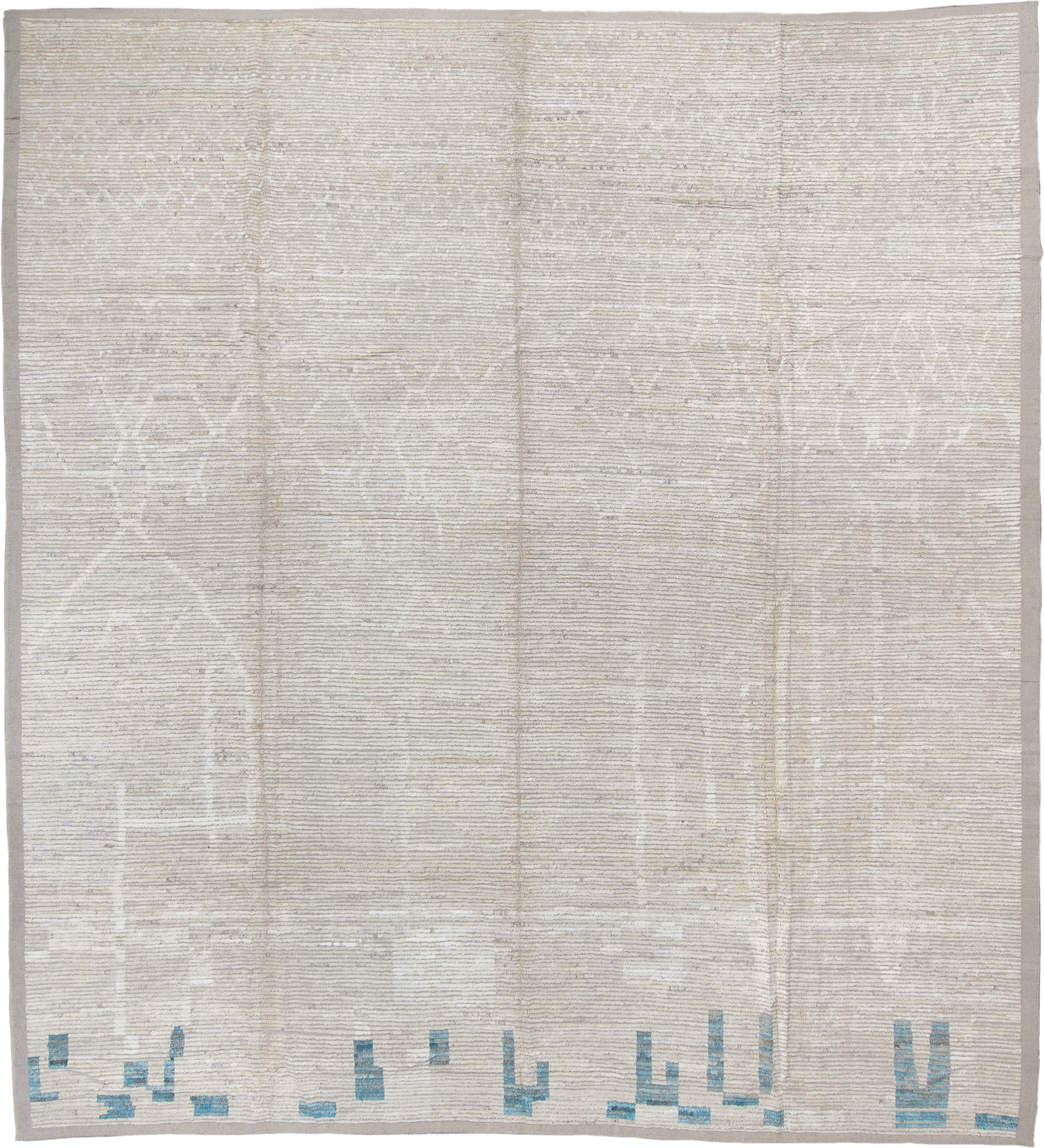 13' x 14' one-of-a-kind handmade vintage Tulu oversize rug. Color palette: ivory, cream, taupe, sky_blue, beige, gray