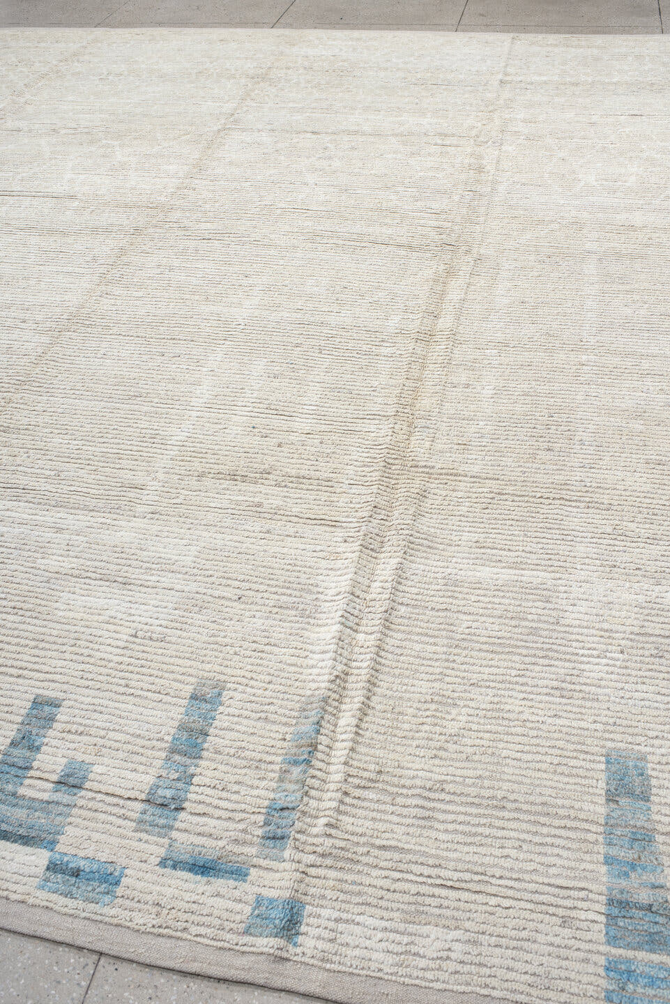 13' x 14' one-of-a-kind handmade vintage Tulu oversize rug. Color palette: ivory, cream, taupe, sky_blue, beige, gray