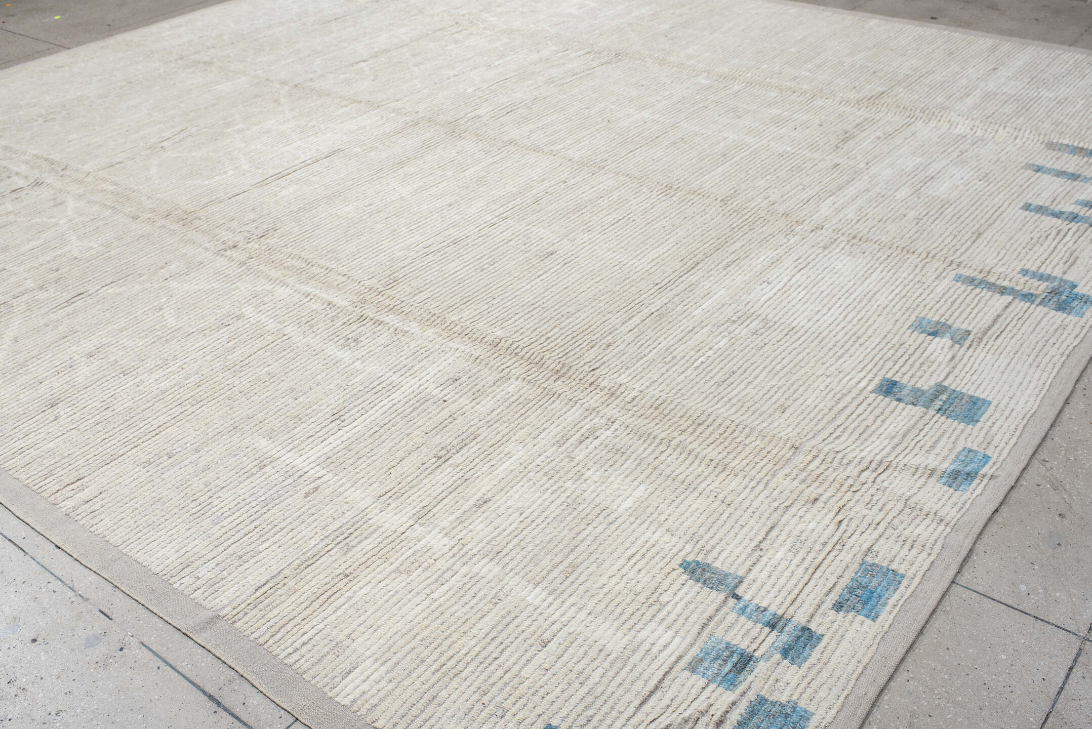13' x 14' one-of-a-kind handmade vintage Tulu oversize rug. Color palette: ivory, cream, taupe, sky_blue, beige, gray