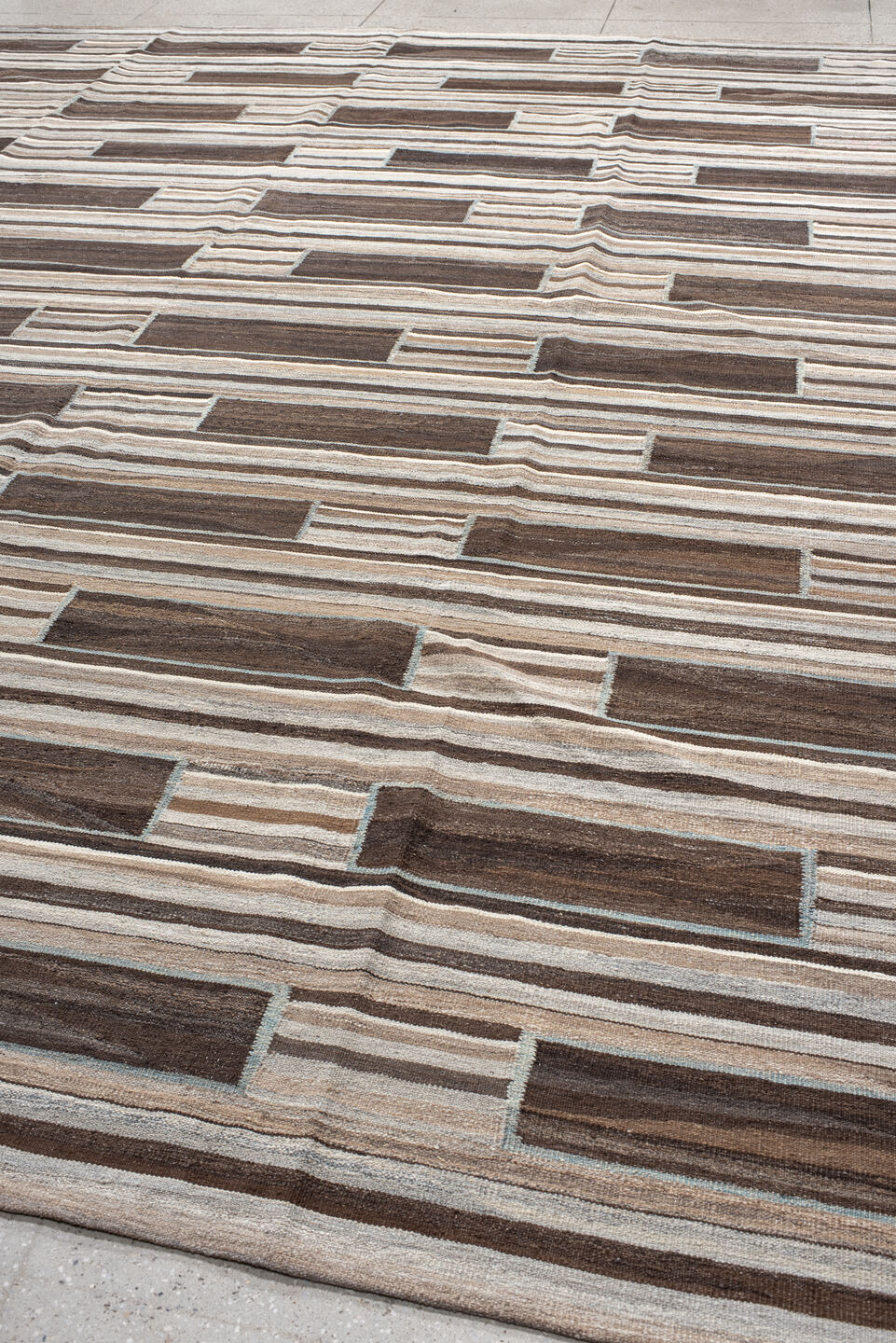 12' x 14' one-of-a-kind handmade vintage Kilim oversize rug. Color palette: black, brown, dark gray, floral white, gray