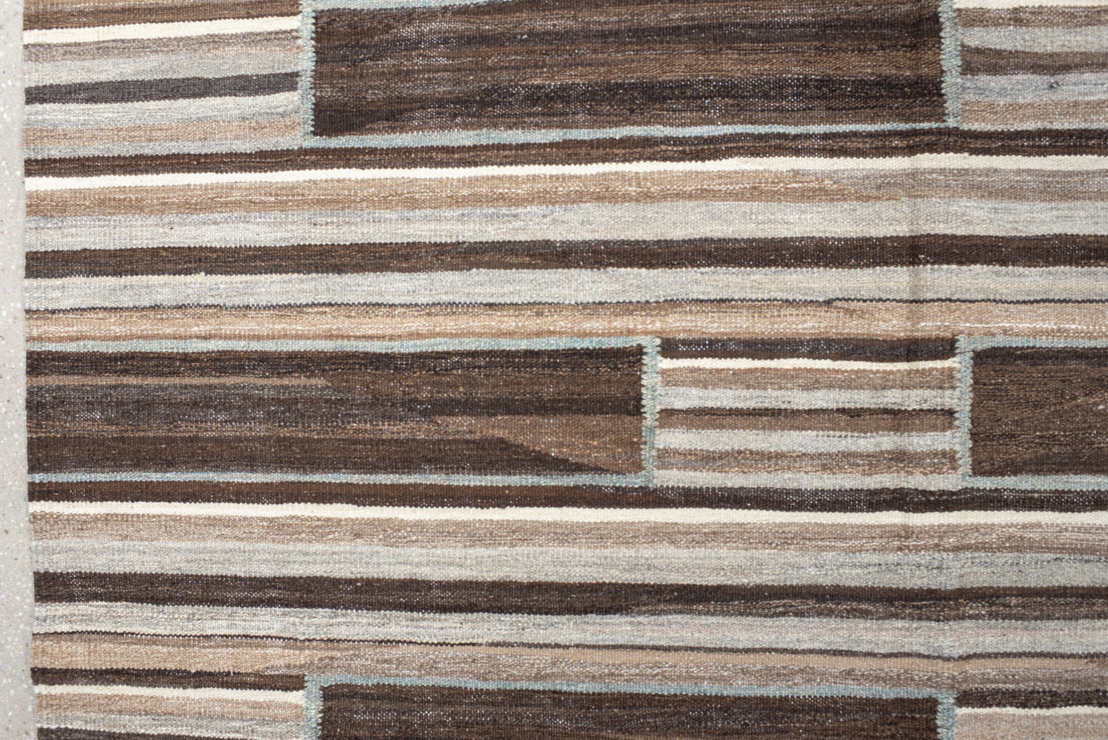 12' x 14' one-of-a-kind handmade vintage Kilim oversize rug. Color palette: brown, ivory, taupe, gray, charcoal, beige