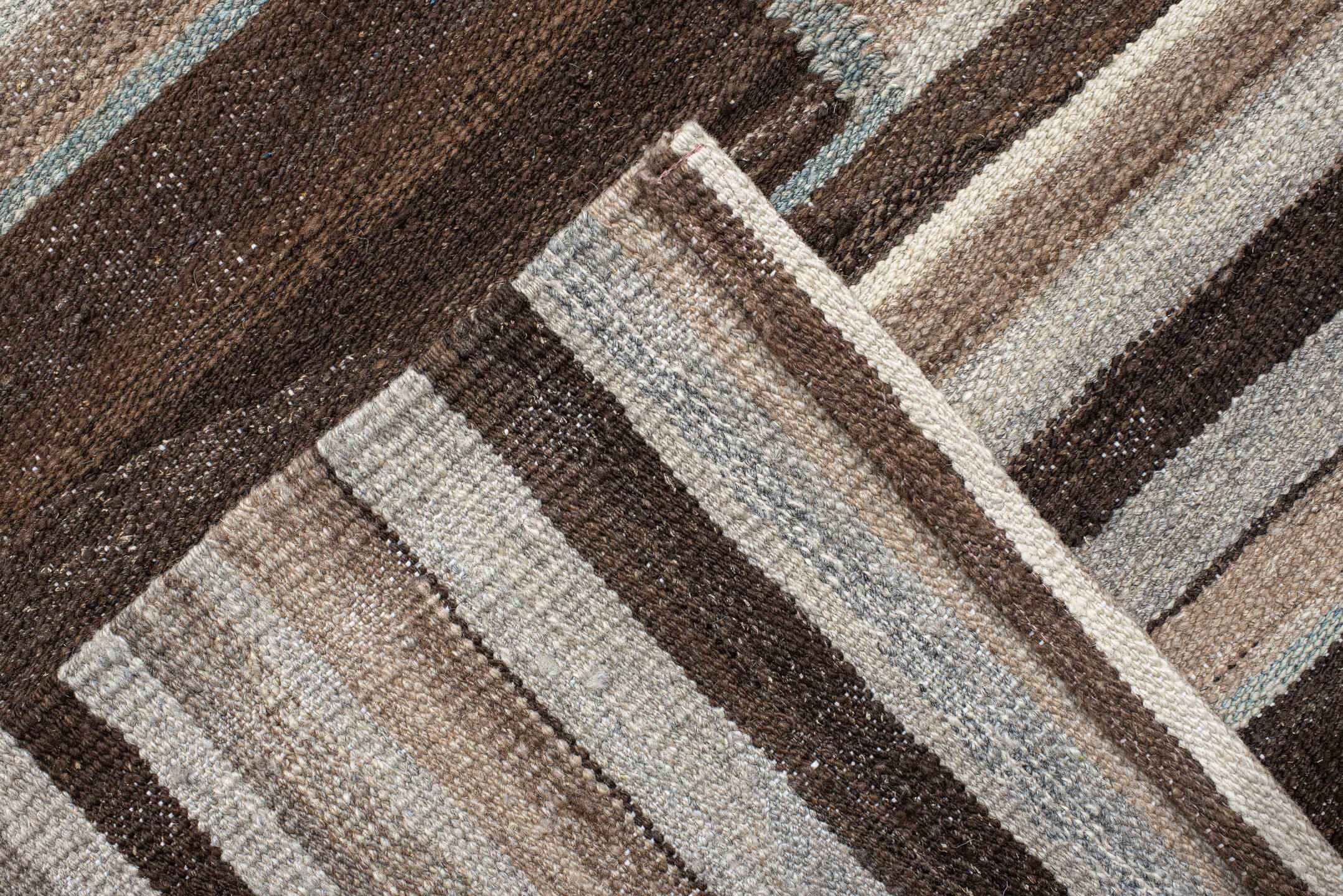 12' x 14' one-of-a-kind handmade vintage Kilim oversize rug. Color palette: brown, ivory, taupe, gray, charcoal, beige