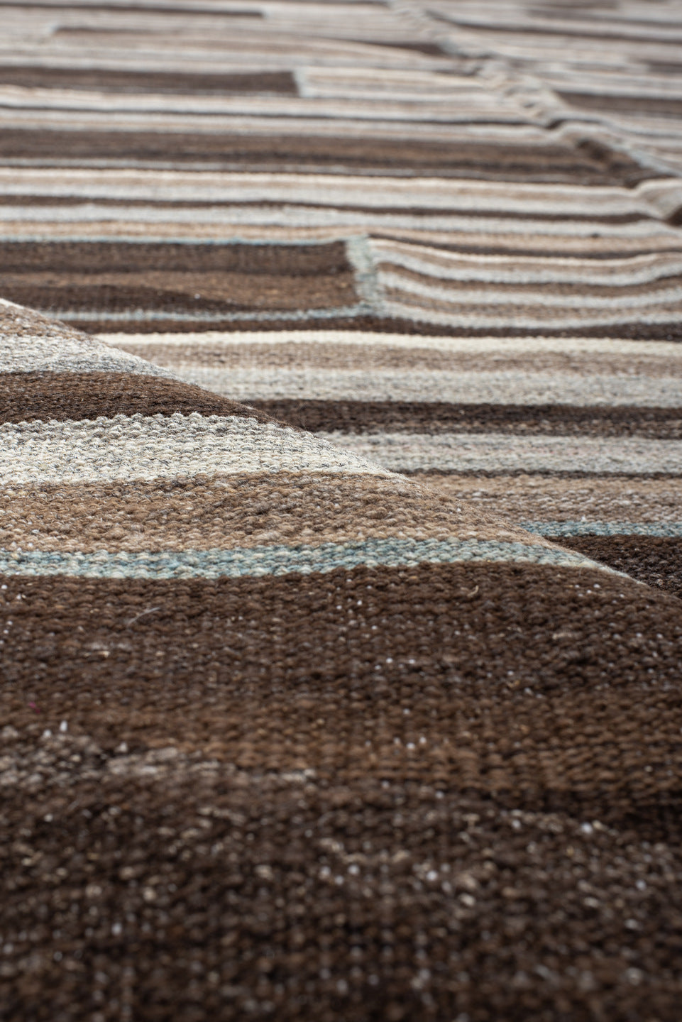 12' x 14' one-of-a-kind handmade vintage Kilim oversize rug. Color palette: brown, ivory, taupe, gray, charcoal, beige