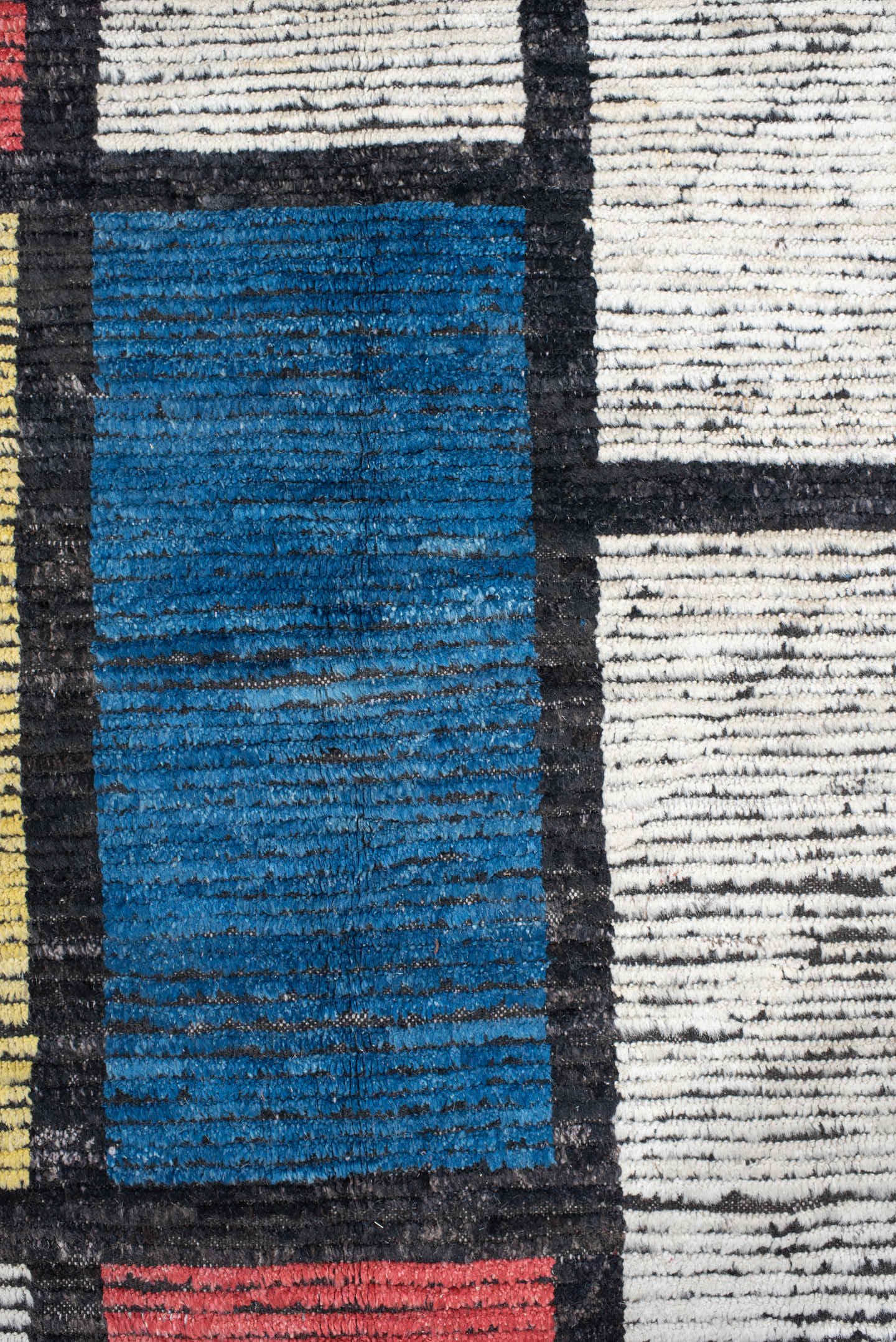 10' x 14' one-of-a-kind handmade vintage Tulu large size rug. Color palette: ivory, black, blue, red, yellow, gold