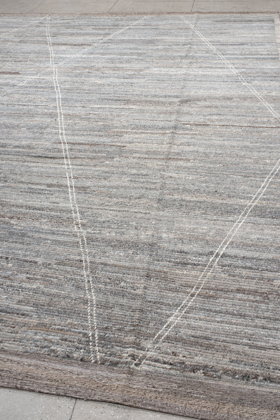 10' x 13' one-of-a-kind handmade vintage Tulu large size rug. Color palette: gray, taupe, ivory, greige, charcoal, beige