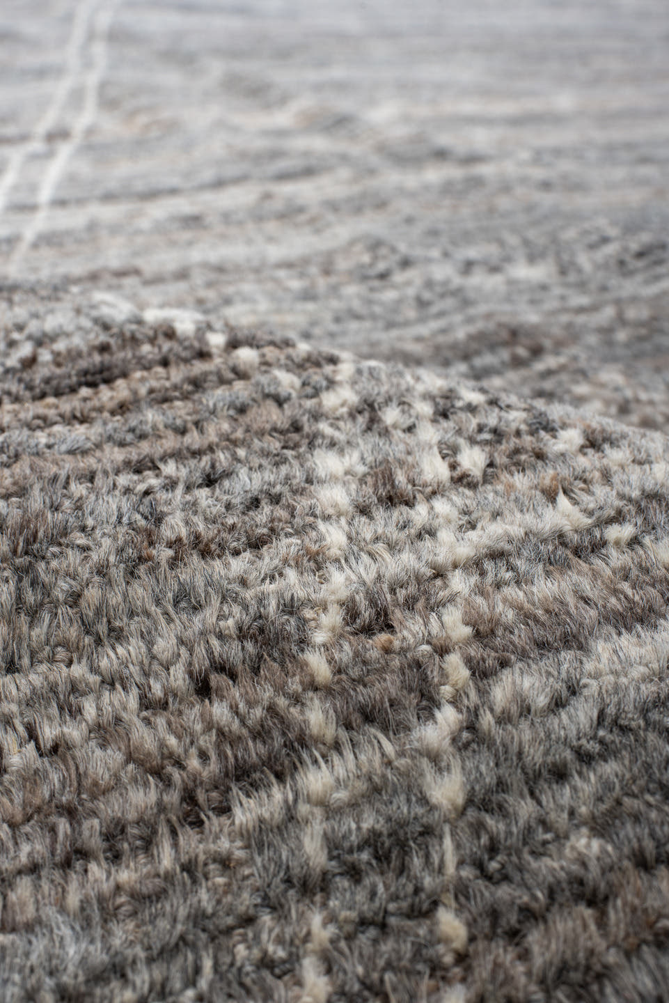 10' x 13' one-of-a-kind handmade vintage Tulu large size rug. Color palette: gray, taupe, ivory, greige, charcoal, beige