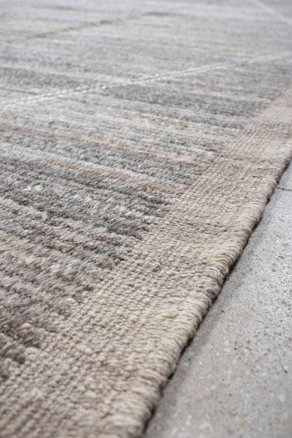 10' x 13' one-of-a-kind handmade vintage Tulu large size rug. Color palette: gray, taupe, ivory, greige, charcoal, beige