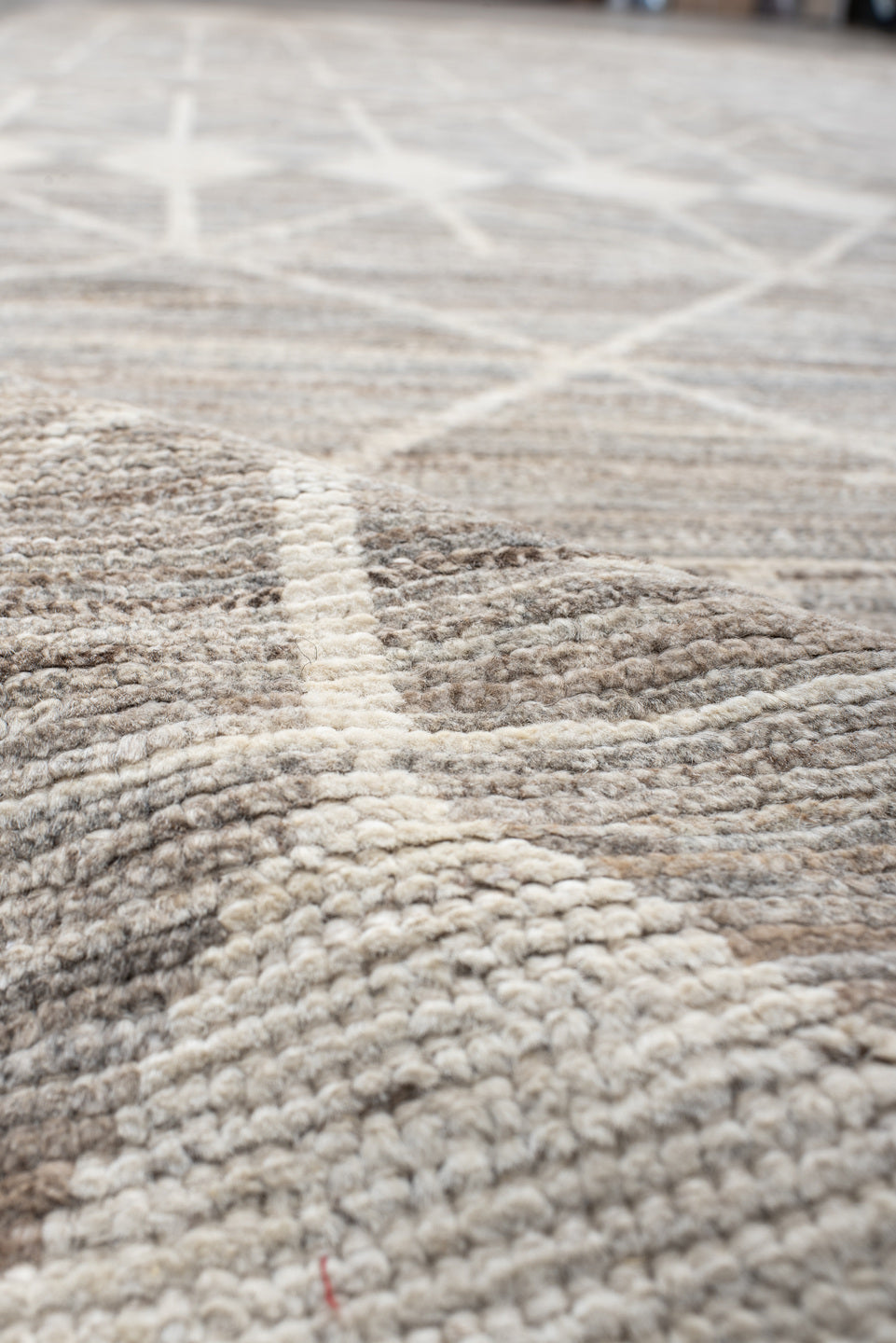 10' x 14' one-of-a-kind handmade vintage Tulu large size rug. Color palette: taupe, ivory, gray, cream, greige, beige