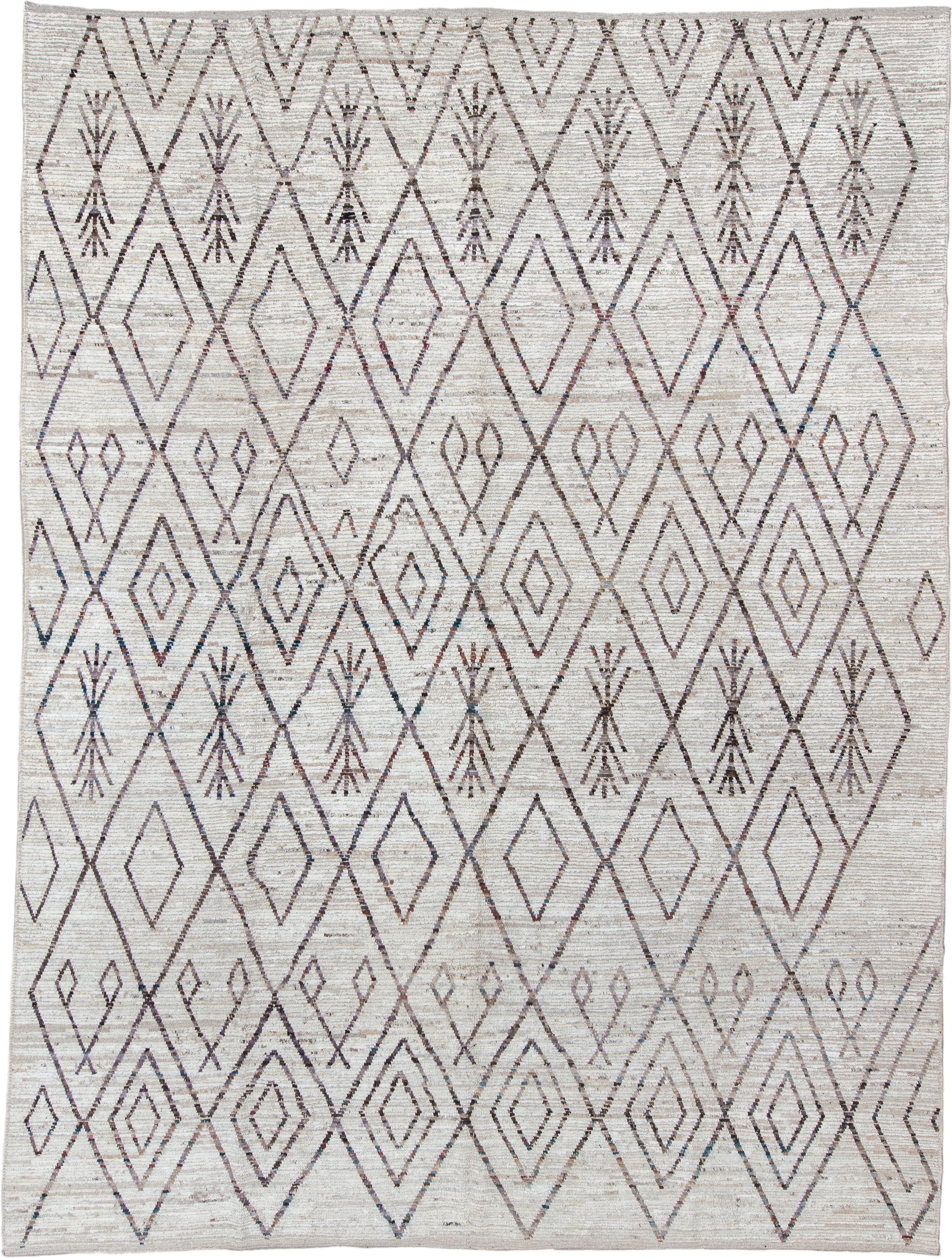 10' x 13' one-of-a-kind handmade vintage Tulu large size rug. Color palette: ivory, taupe, charcoal, slate, rose, camel