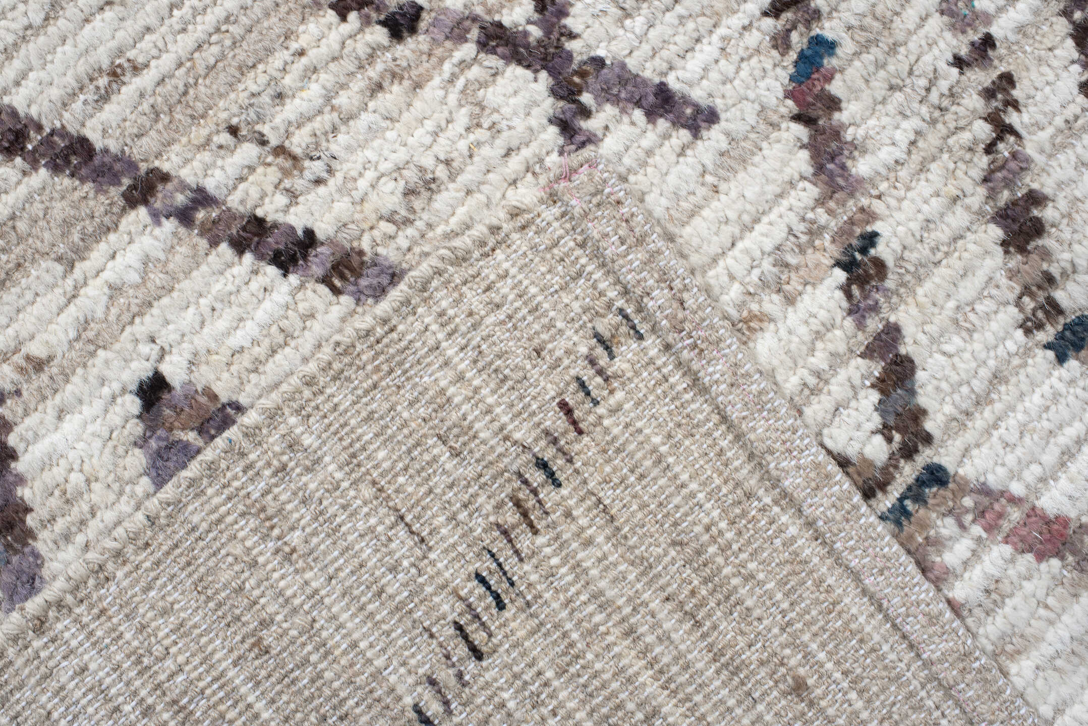 10' x 13' one-of-a-kind handmade vintage Tulu large size rug. Color palette: ivory, taupe, charcoal, slate, rose, camel