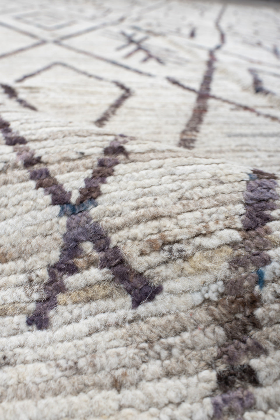10' x 13' one-of-a-kind handmade vintage Tulu large size rug. Color palette: ivory, taupe, charcoal, slate, rose, camel