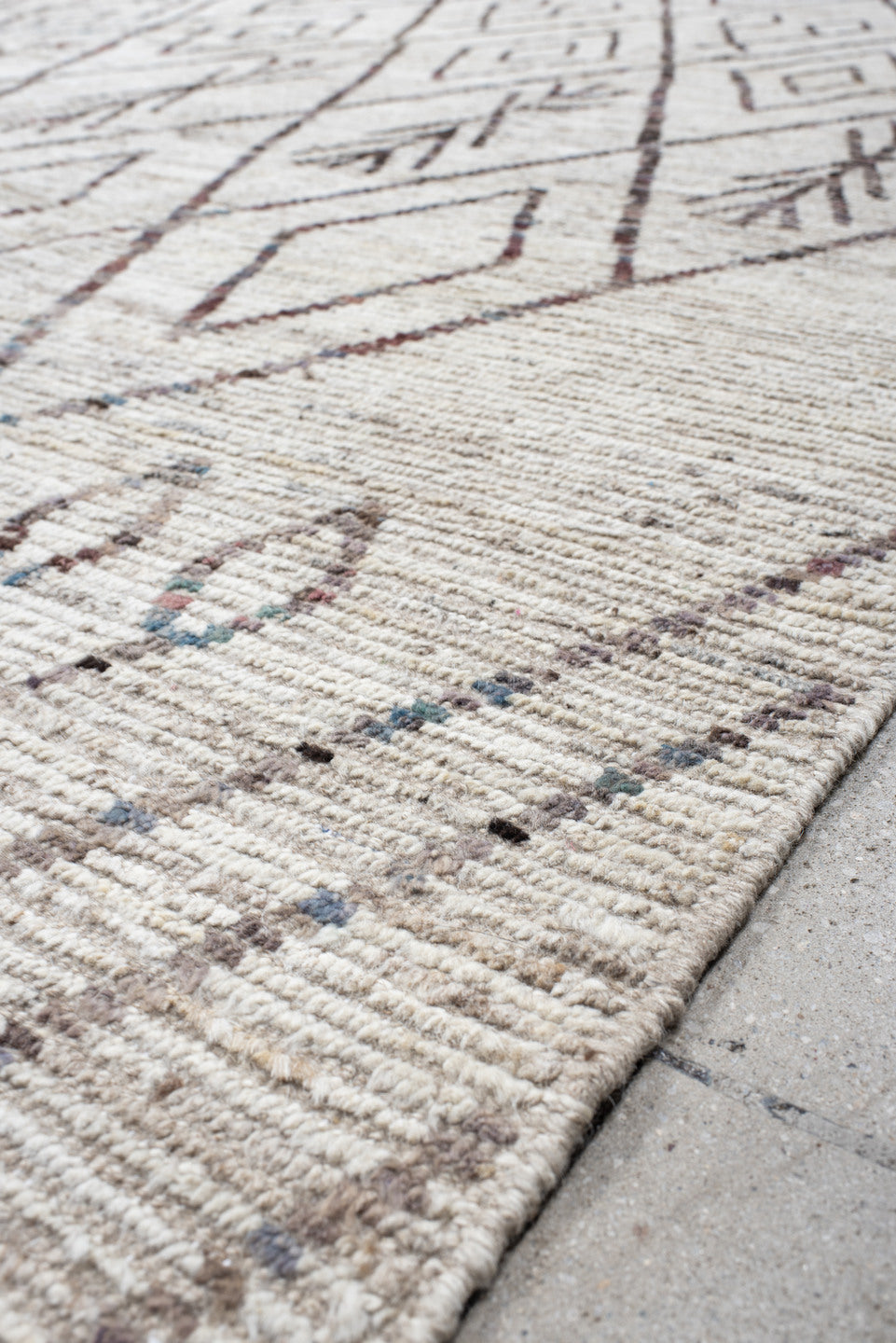 10' x 13' one-of-a-kind handmade vintage Tulu large size rug. Color palette: ivory, taupe, charcoal, slate, rose, camel
